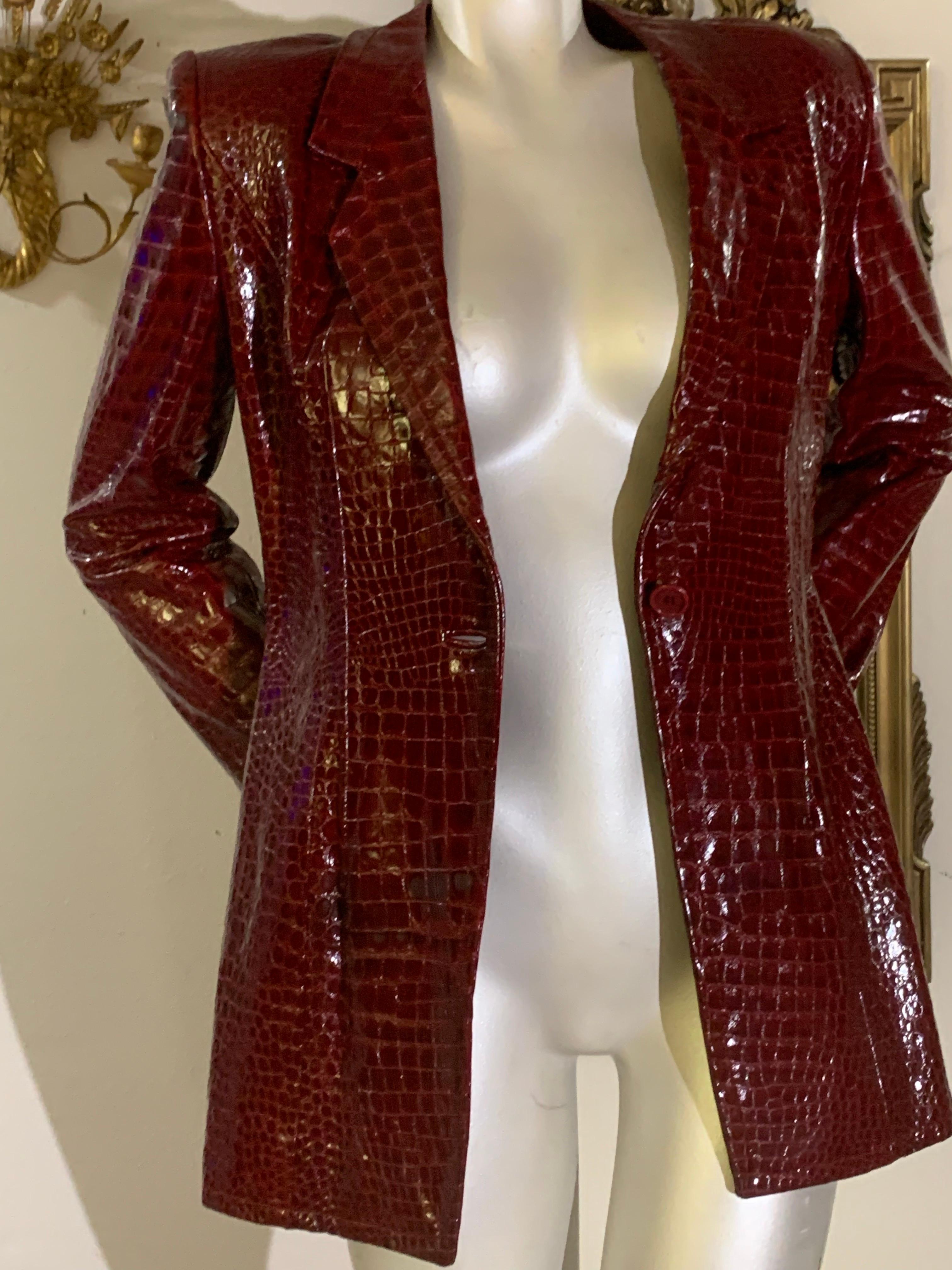 1970s Galanos Burgundy Crocodile Embossed Genuine Patent Leather Jacket For Sale 5