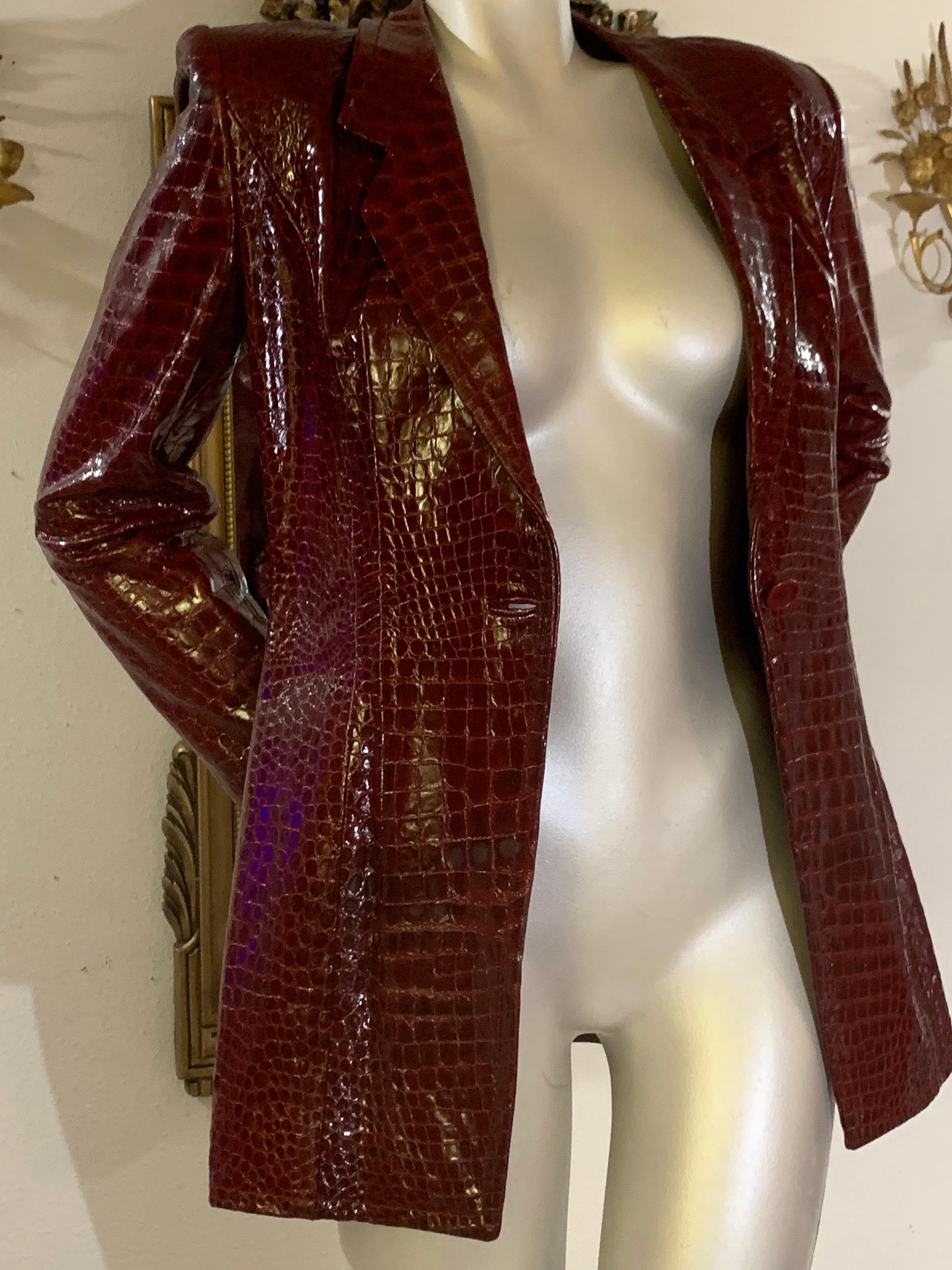 1970s Galanos Burgundy Crocodile Embossed Genuine Patent Leather Jacket For Sale 6