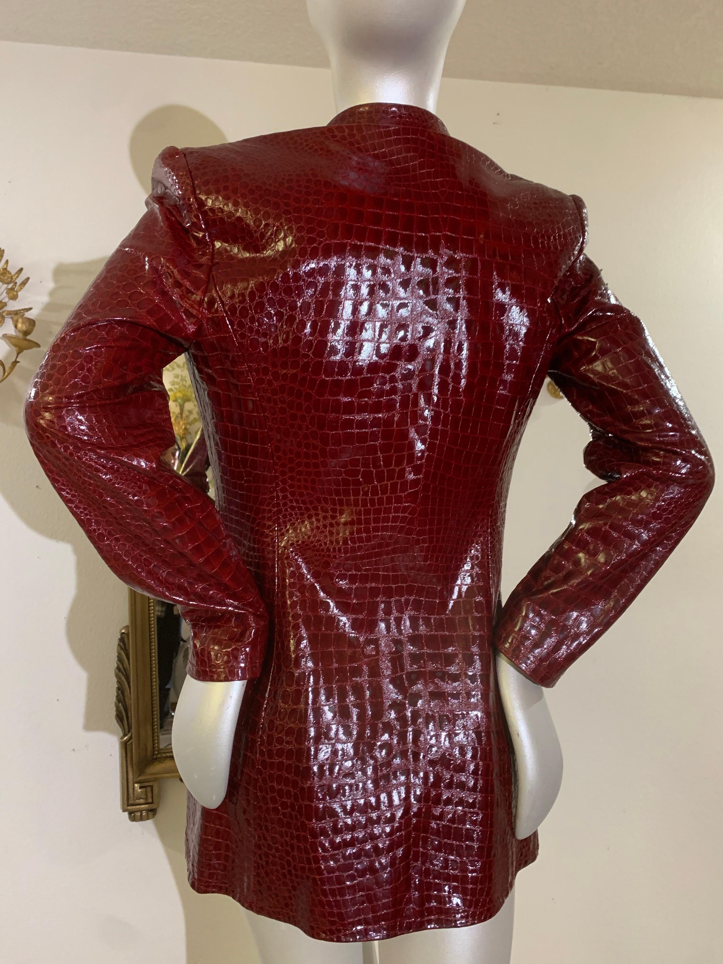 Women's 1970s Galanos Burgundy Crocodile Embossed Genuine Patent Leather Jacket For Sale