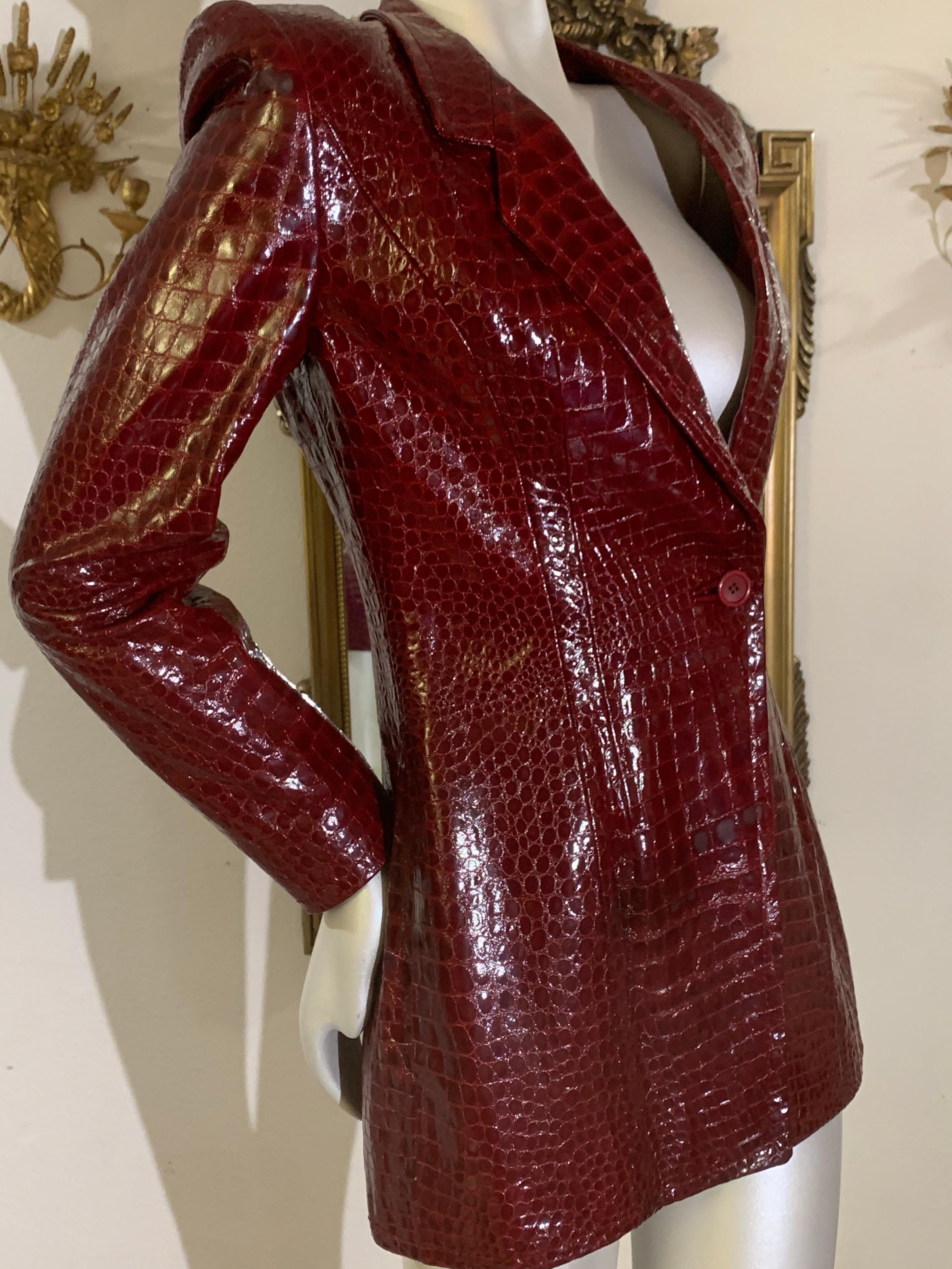 1970s Galanos Burgundy Crocodile Embossed Genuine Patent Leather Jacket For Sale 1