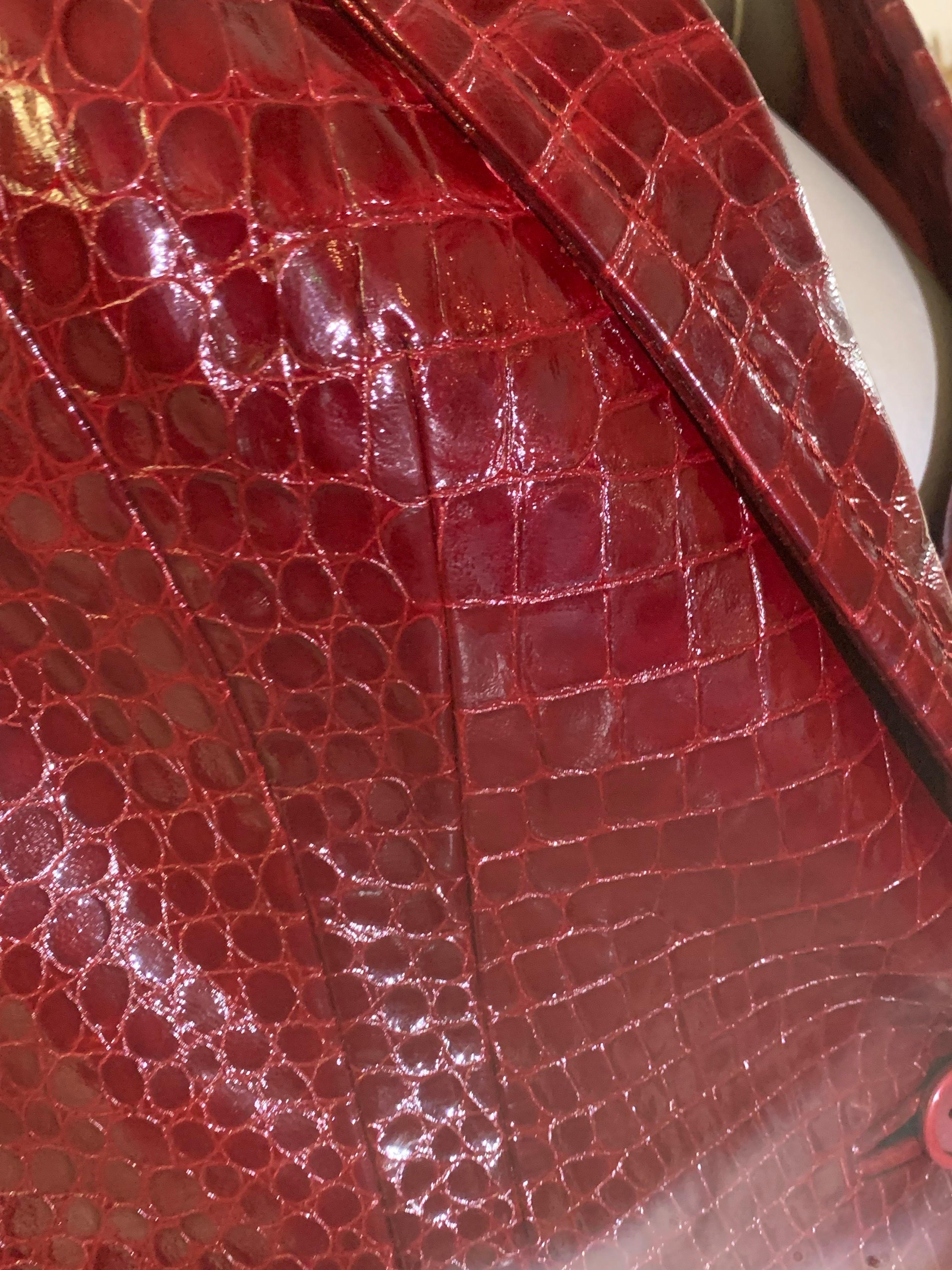 1970s Galanos Burgundy Crocodile Embossed Genuine Patent Leather Jacket For Sale 2