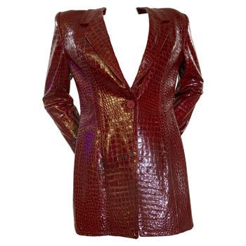 Galanos Burgundy Crocodile Embossed Patent Leather Jacket, 1970s 