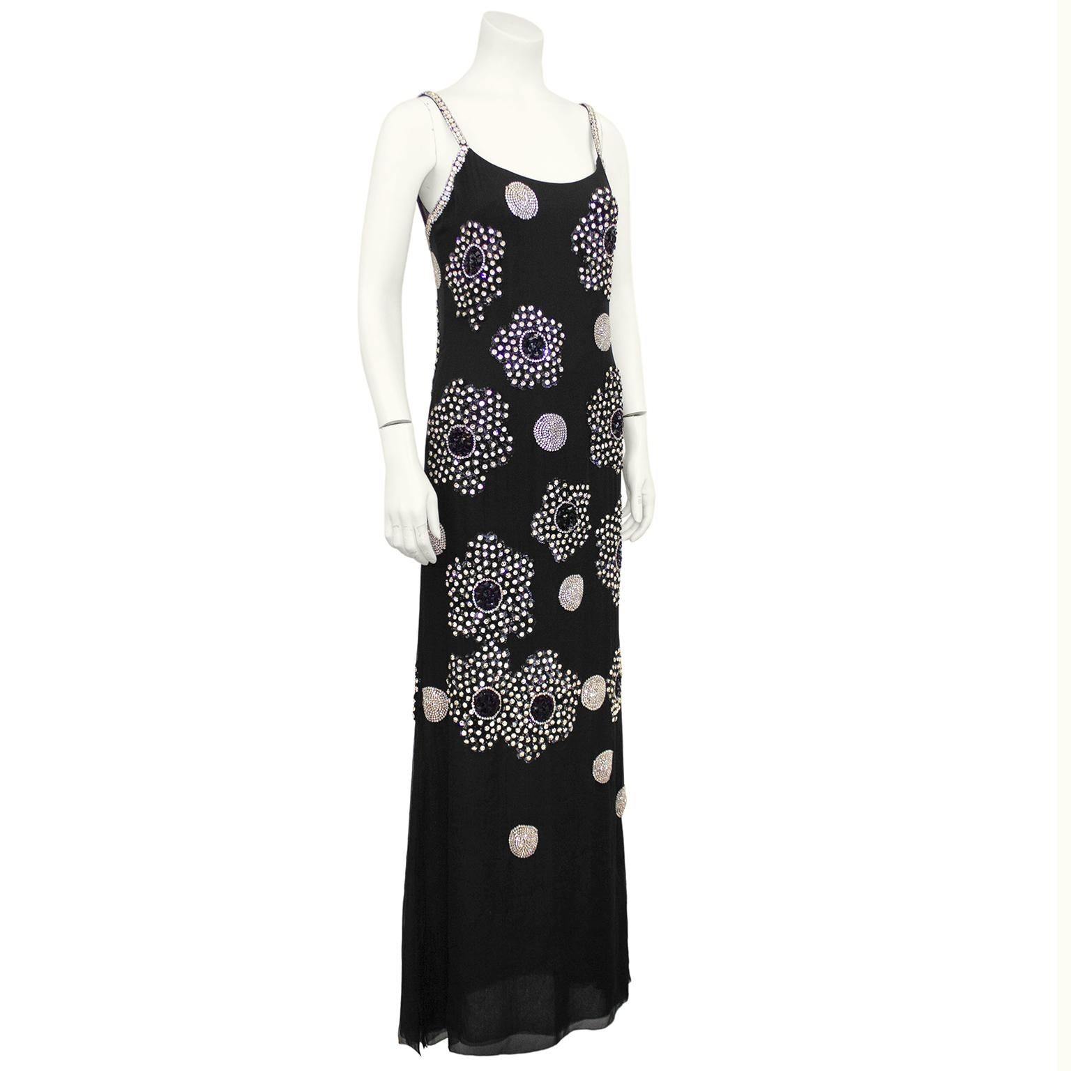 Couture James Galanos black silk chiffon and rhinestone slip style gown. Provenance from a well known 1960's celebrity singer. Very gently worn with only minimal, hard to detect bead loss. Chiffon in excellent condition. The label is Galanos for