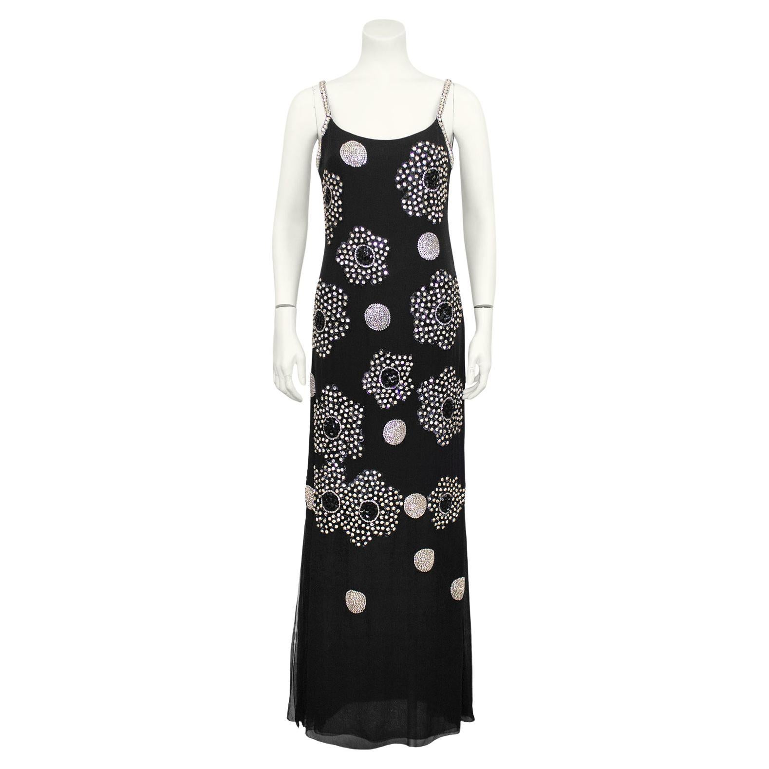 1970's Galanos Couture Black Silk Chiffon and Rhinestone Gown For Sale