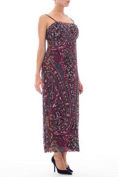 1970S GALANOS Cranberry Red Paisley Silk Chiffon Empire Waist Crystal Beaded Go