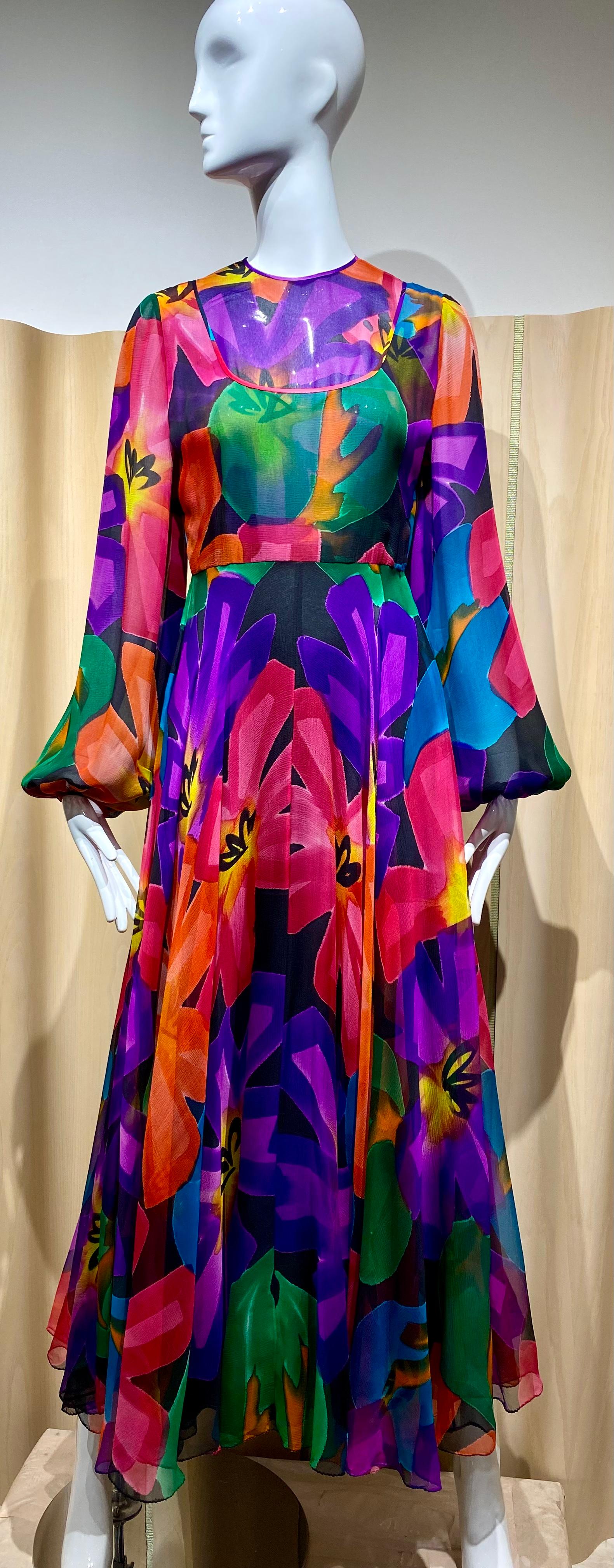 Women's 1970s Galanos  Long sleeve  Multi color Maxi Silk Dress in Abstract Print. For Sale