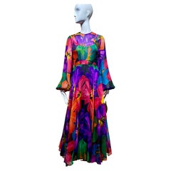 1970s Galanos  Long sleeve  Multi color Maxi Silk Dress in Abstract Print.