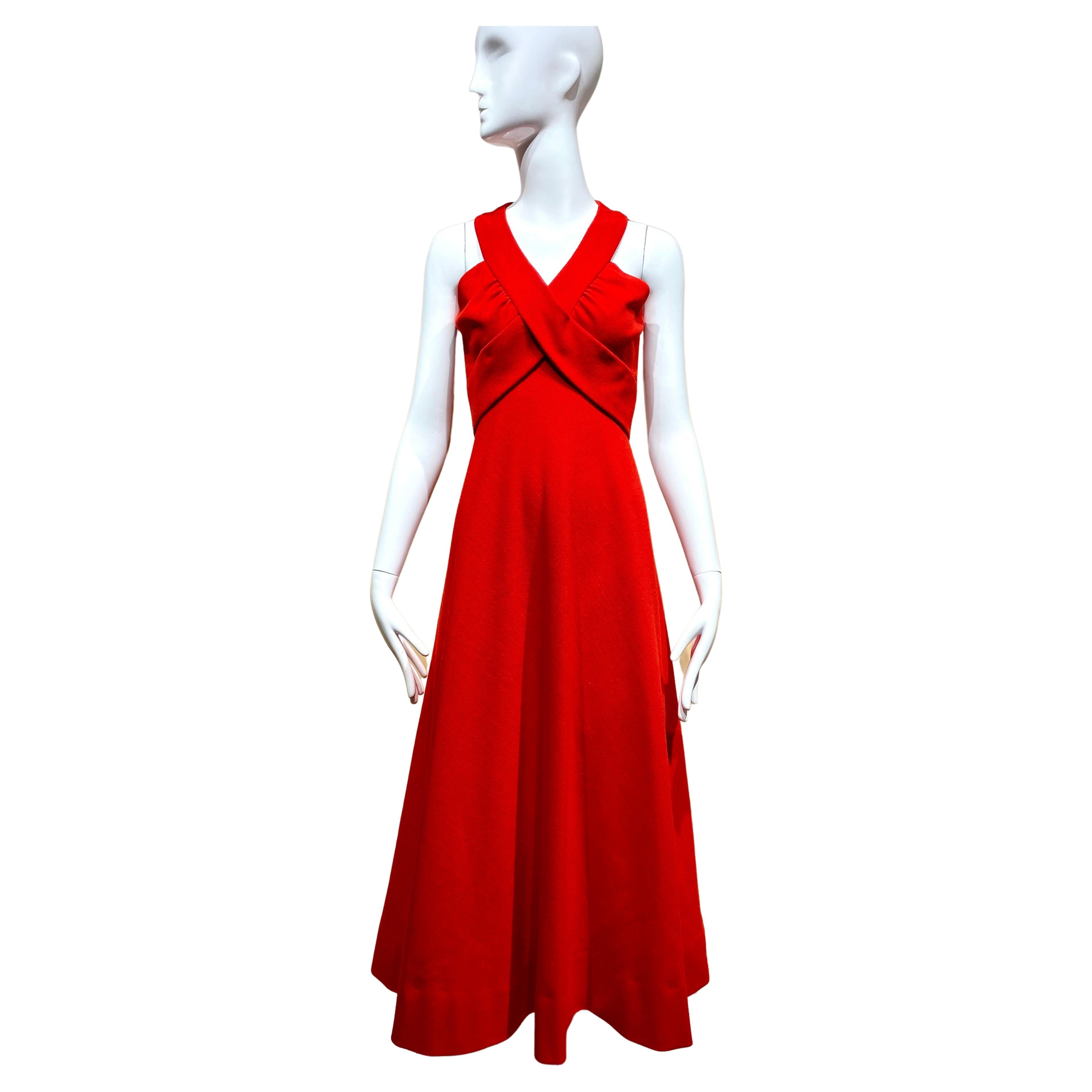 1970s GALANOS Red Crepe Halter Gown For Sale