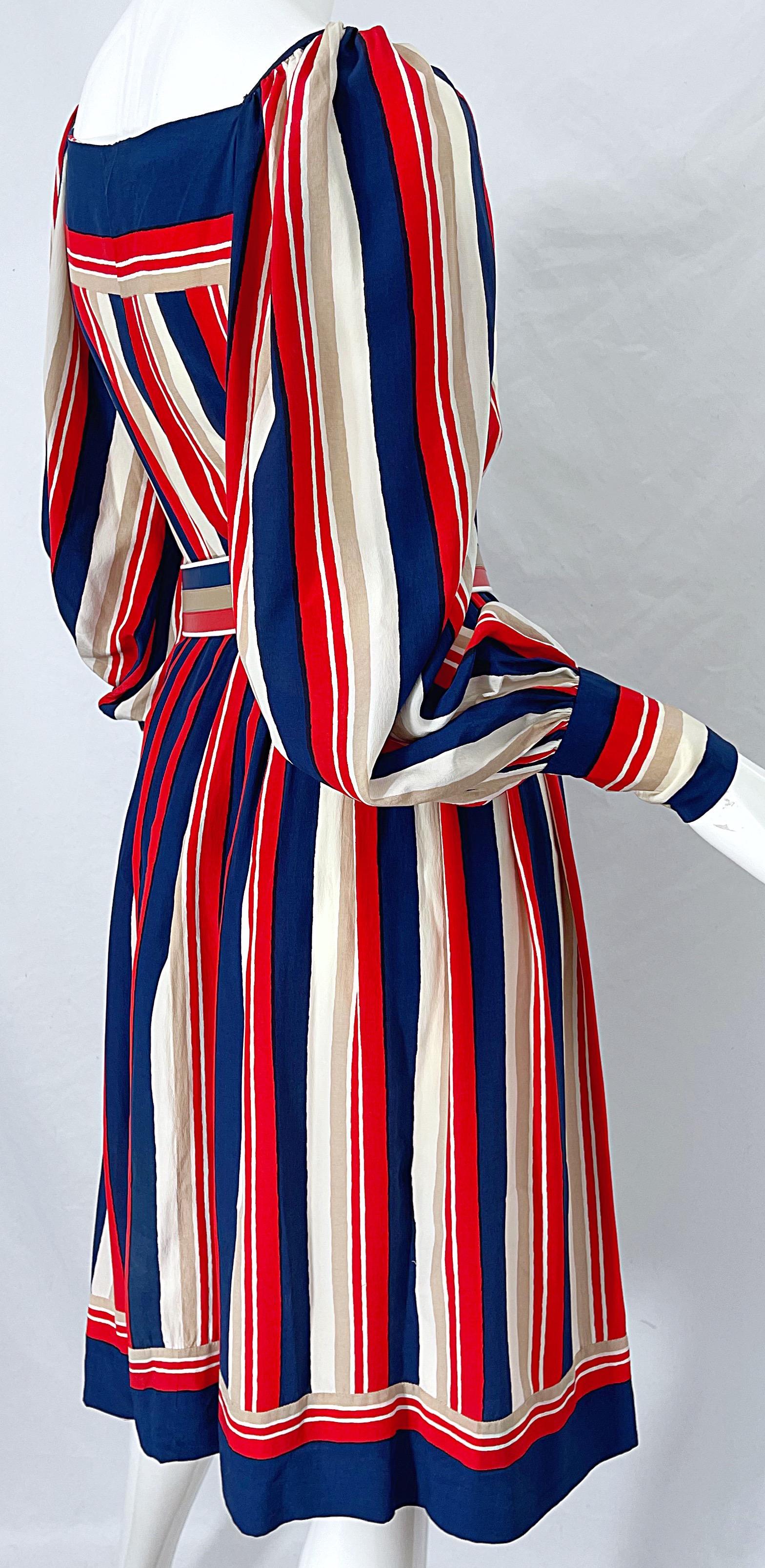 1970s Galanos Red White & Blue Bishop Sleeve Striped Silk Vintage 70s Dress For Sale 2