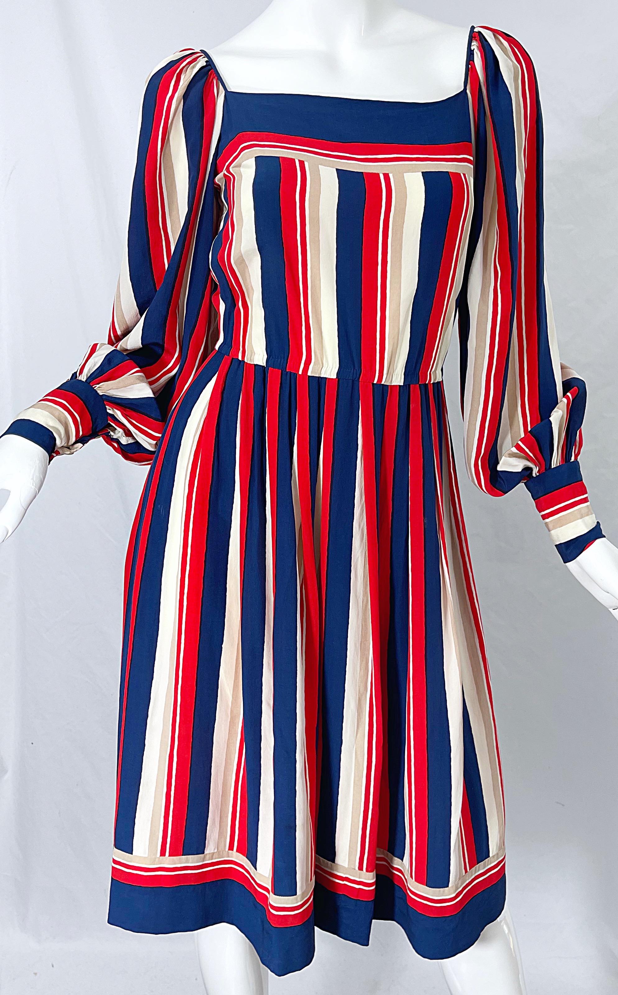 1970s Galanos Red White & Blue Bishop Sleeve Striped Silk Vintage 70s Dress For Sale 3