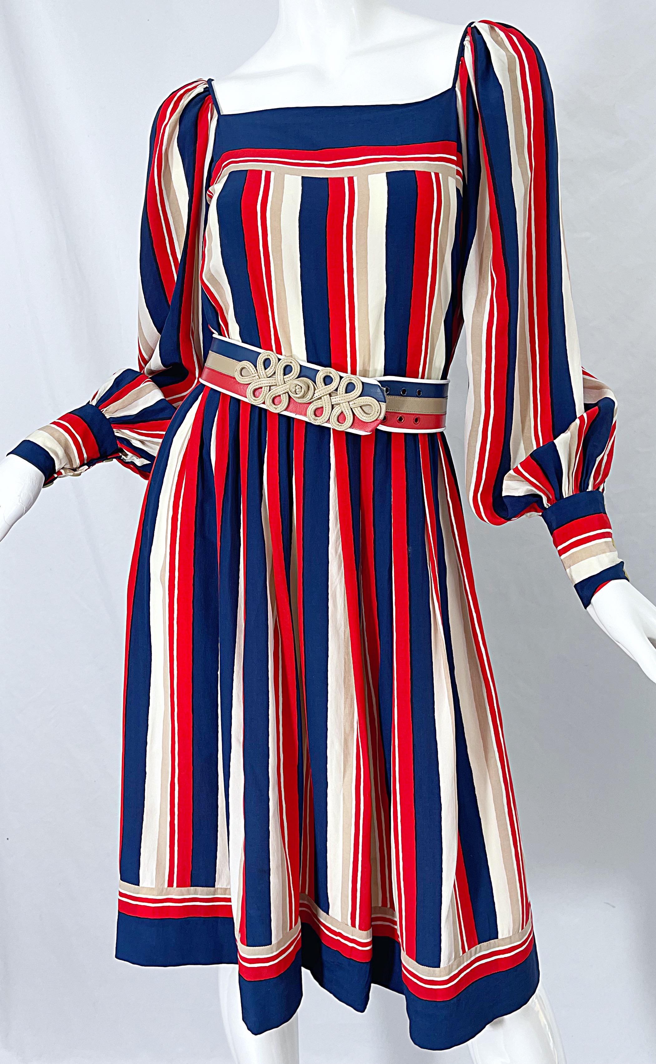 1970s Galanos Red White & Blue Bishop Sleeve Striped Silk Vintage 70s Dress For Sale 4