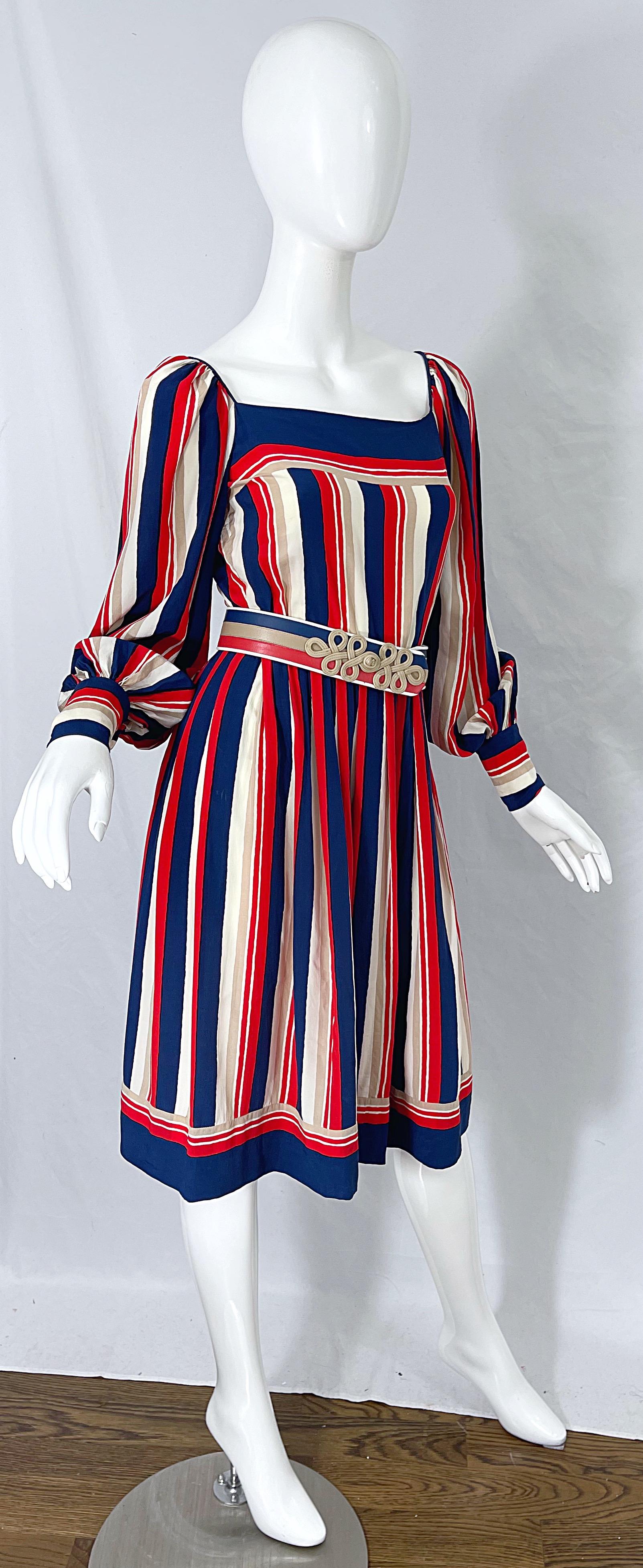 1970s Galanos Red White & Blue Bishop Sleeve Striped Silk Vintage 70s Dress For Sale 5
