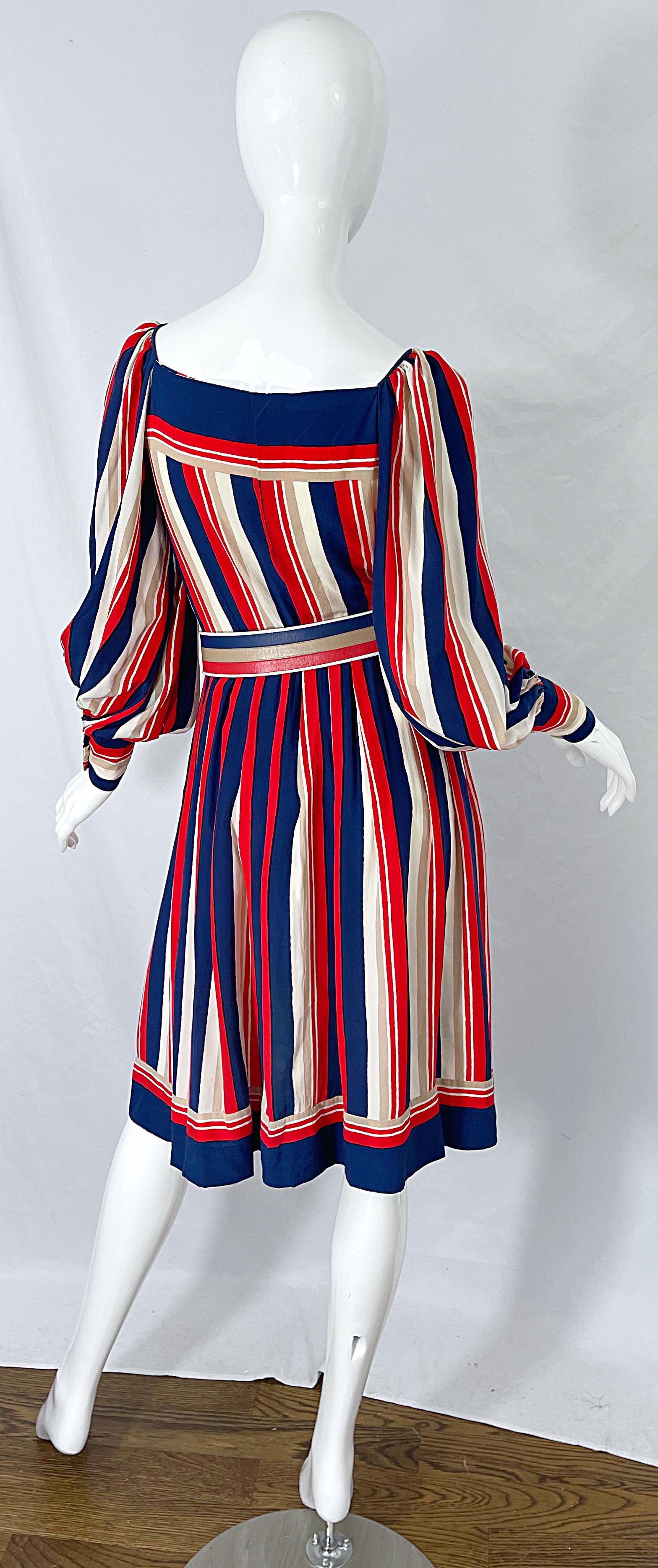 1970s Galanos Red White & Blue Bishop Sleeve Striped Silk Vintage 70s Dress For Sale 6