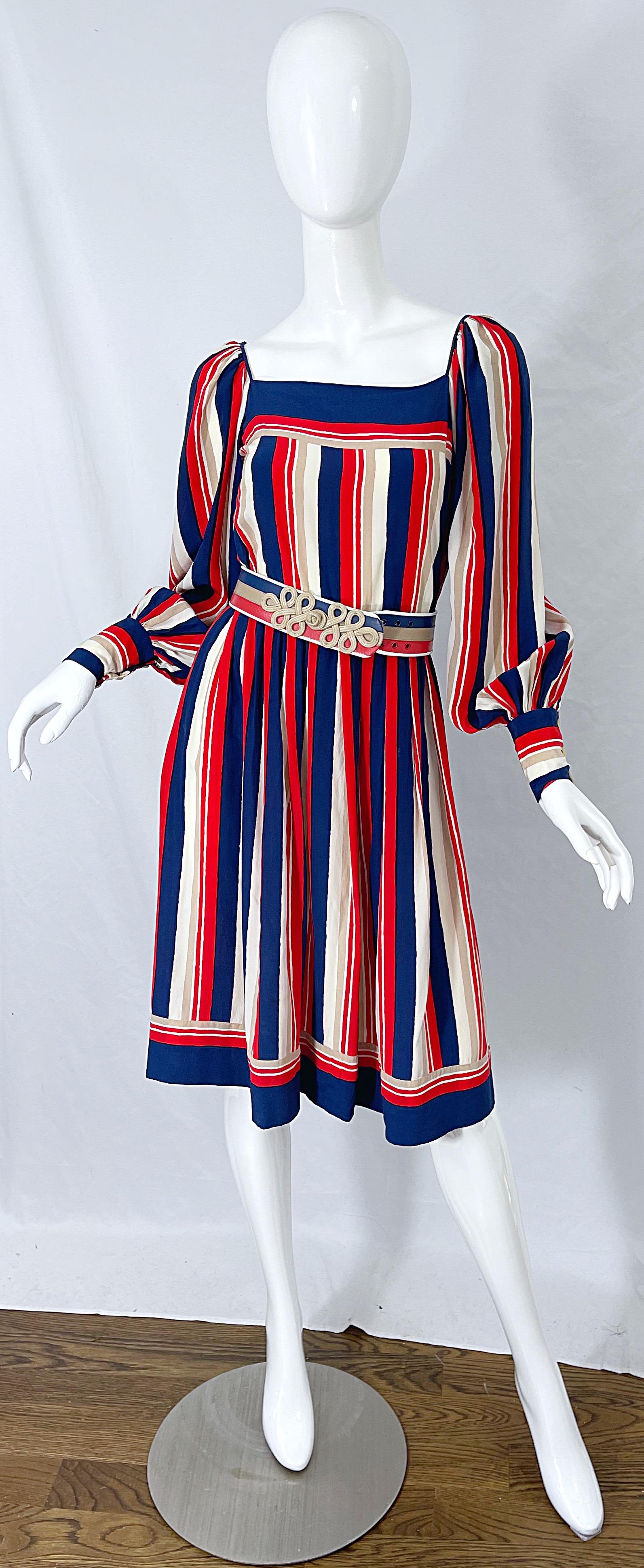 1970s Galanos Red White & Blue Bishop Sleeve Striped Silk Vintage 70s Dress For Sale 7