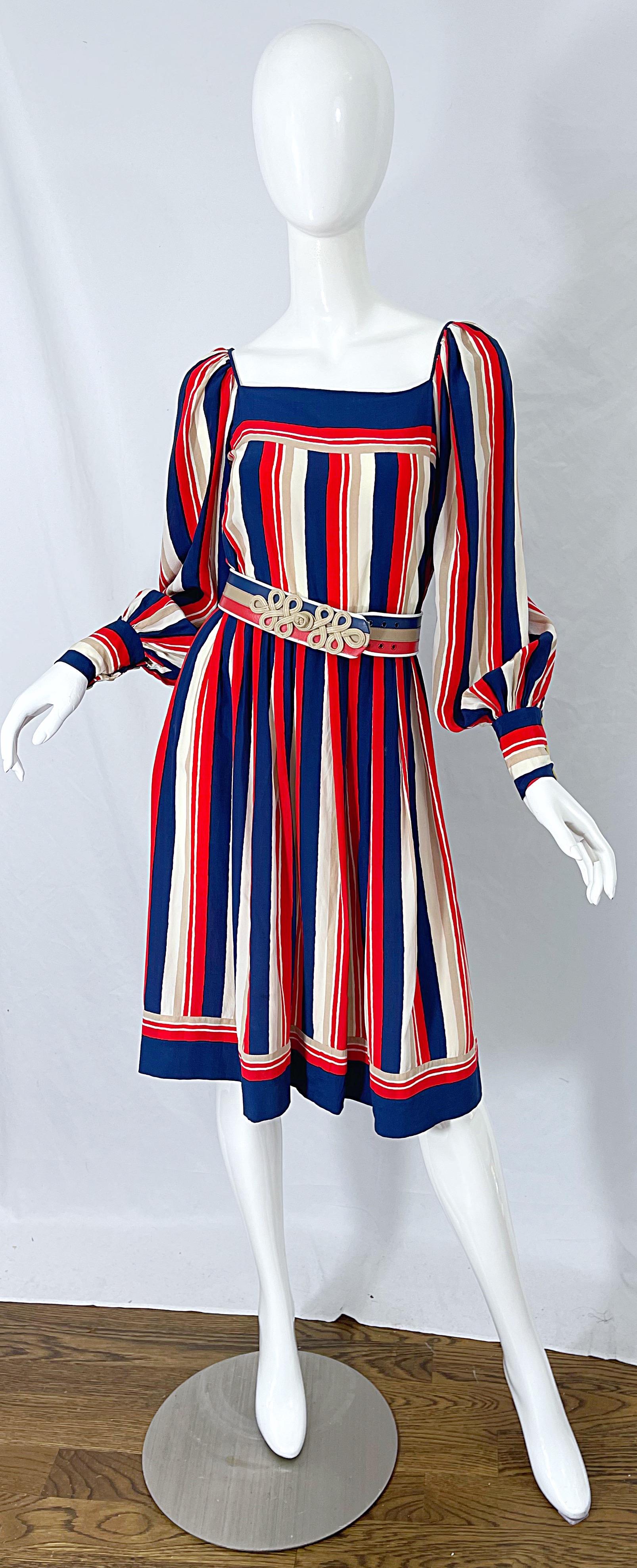 Insanely chic early 70s JAMES GALANOS for Bonwit Teller red, white and blue and beige striped belted silk dress ! Features the most luxurious soft silk you have ever felt, and is lined in silk chiffon. Vertical stripes down the bodice, skirt and