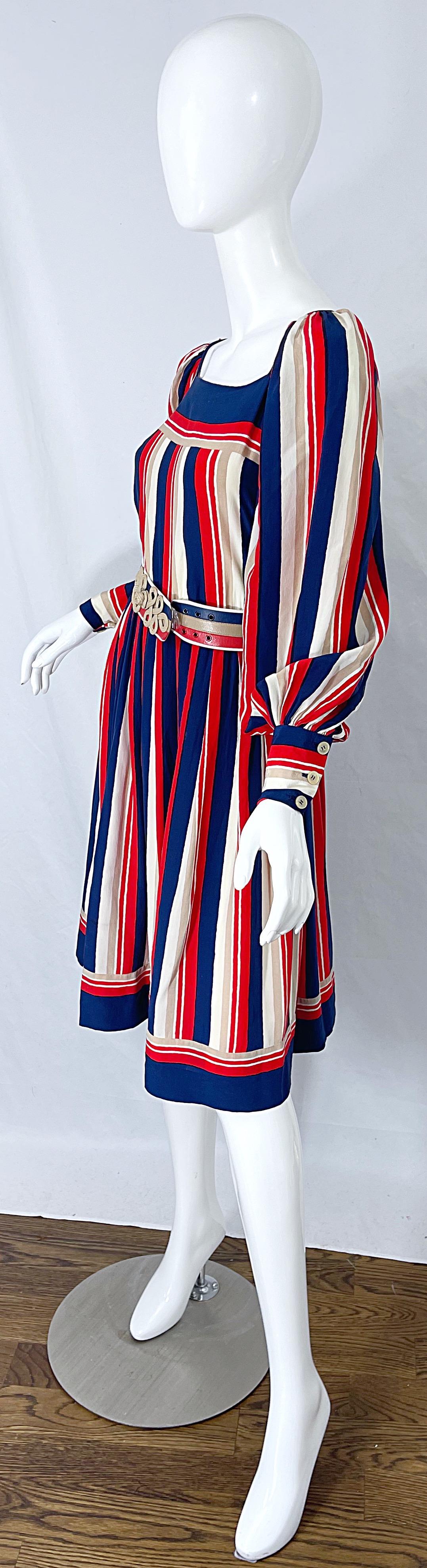 Pink 1970s Galanos Red White & Blue Bishop Sleeve Striped Silk Vintage 70s Dress For Sale