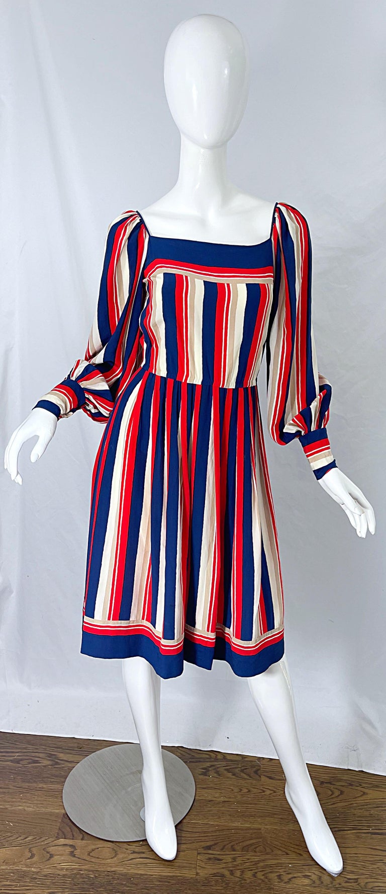 1970s Galanos Red White & Blue Bishop Sleeve Striped Silk Vintage 70s Dress