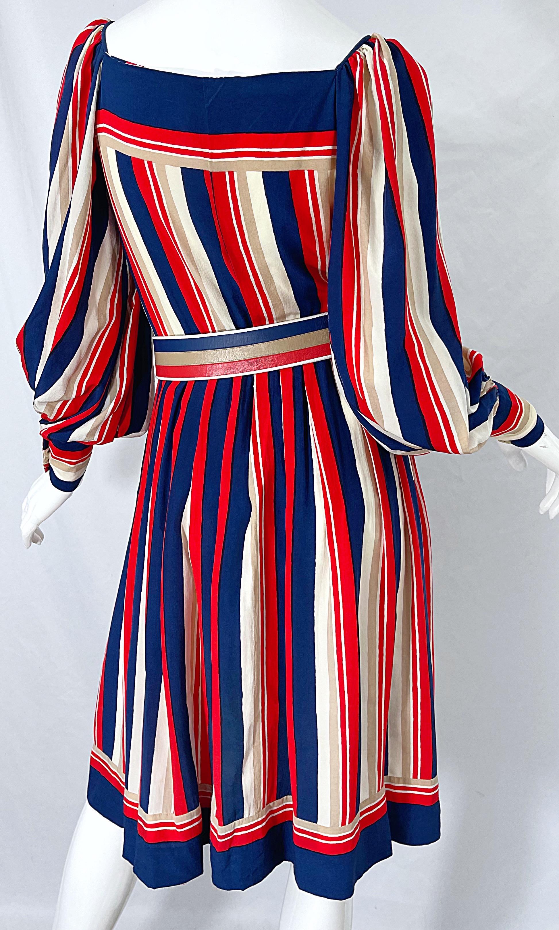 Women's 1970s Galanos Red White & Blue Bishop Sleeve Striped Silk Vintage 70s Dress For Sale