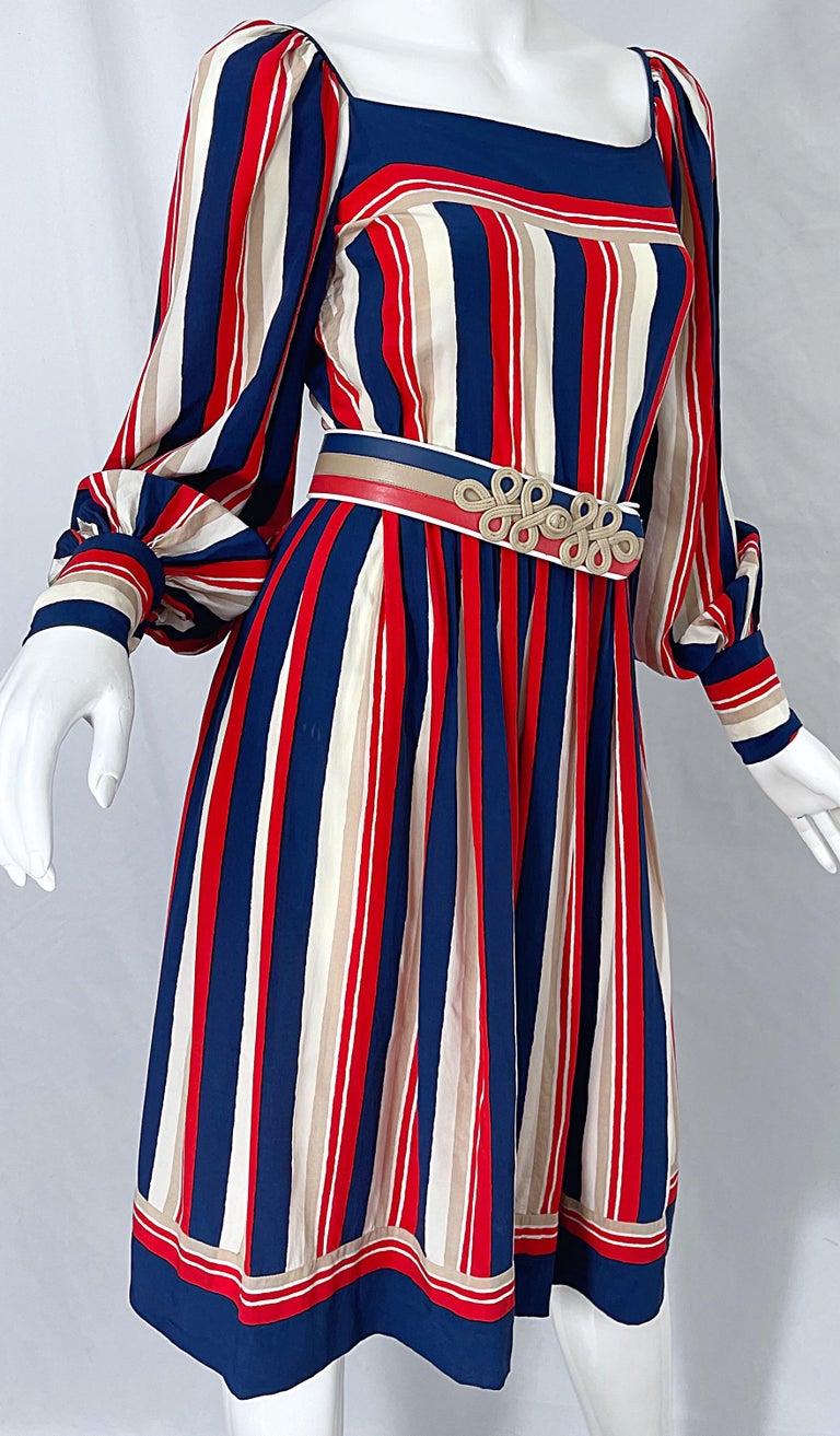 1970s Galanos Red White & Blue Bishop Sleeve Striped Silk Vintage 70s Dress
