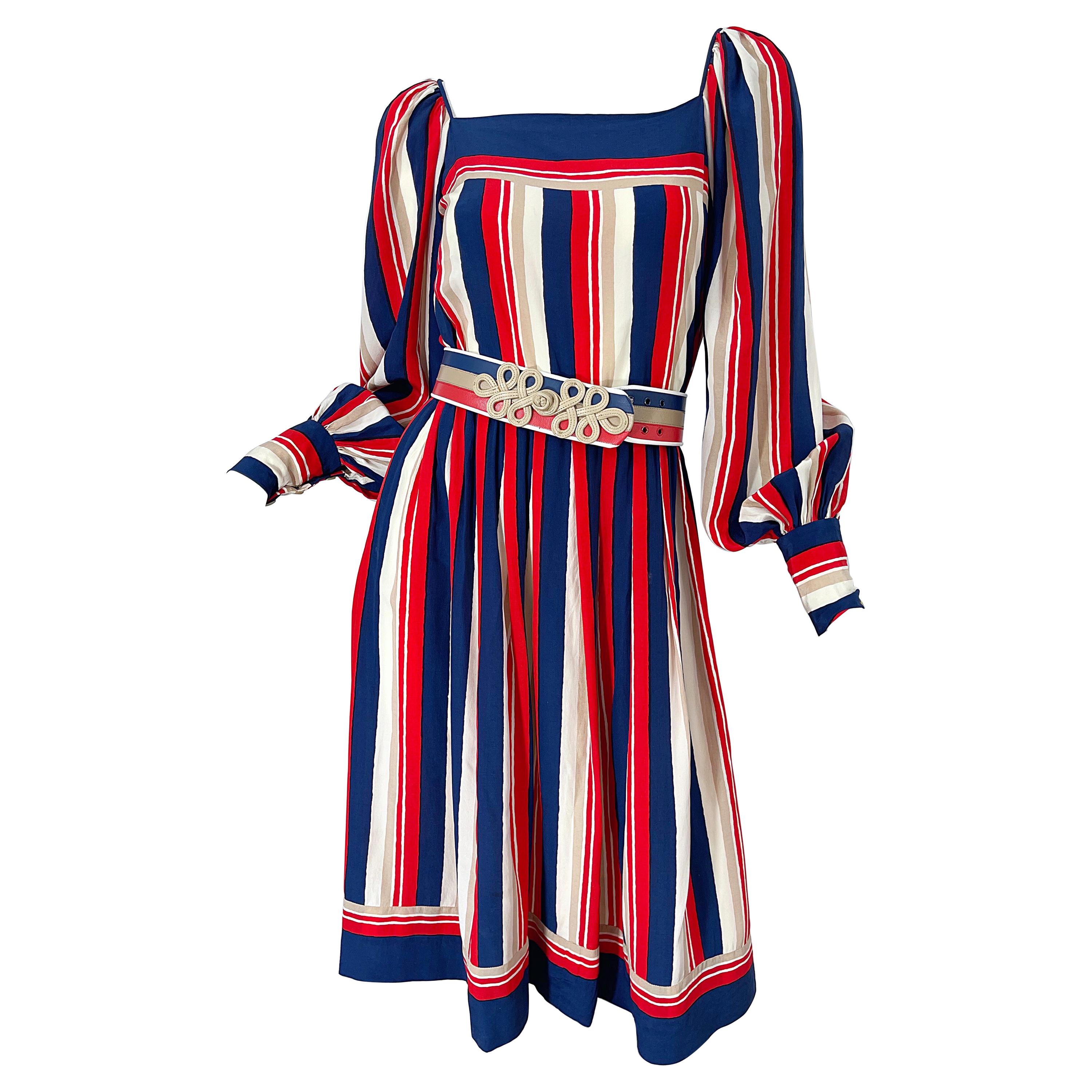 1970s Galanos Red White & Blue Bishop Sleeve Striped Silk Vintage 70s Dress