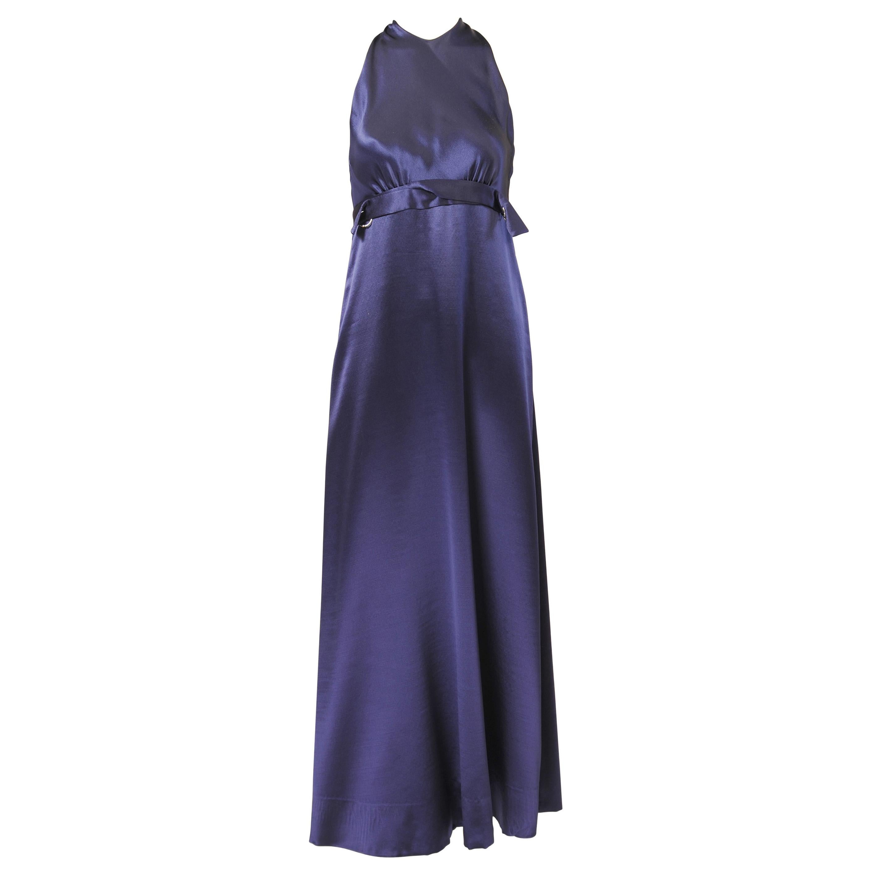 1970's Galanos Sleek Sapphire Blue Silk Evening Dress For Sale