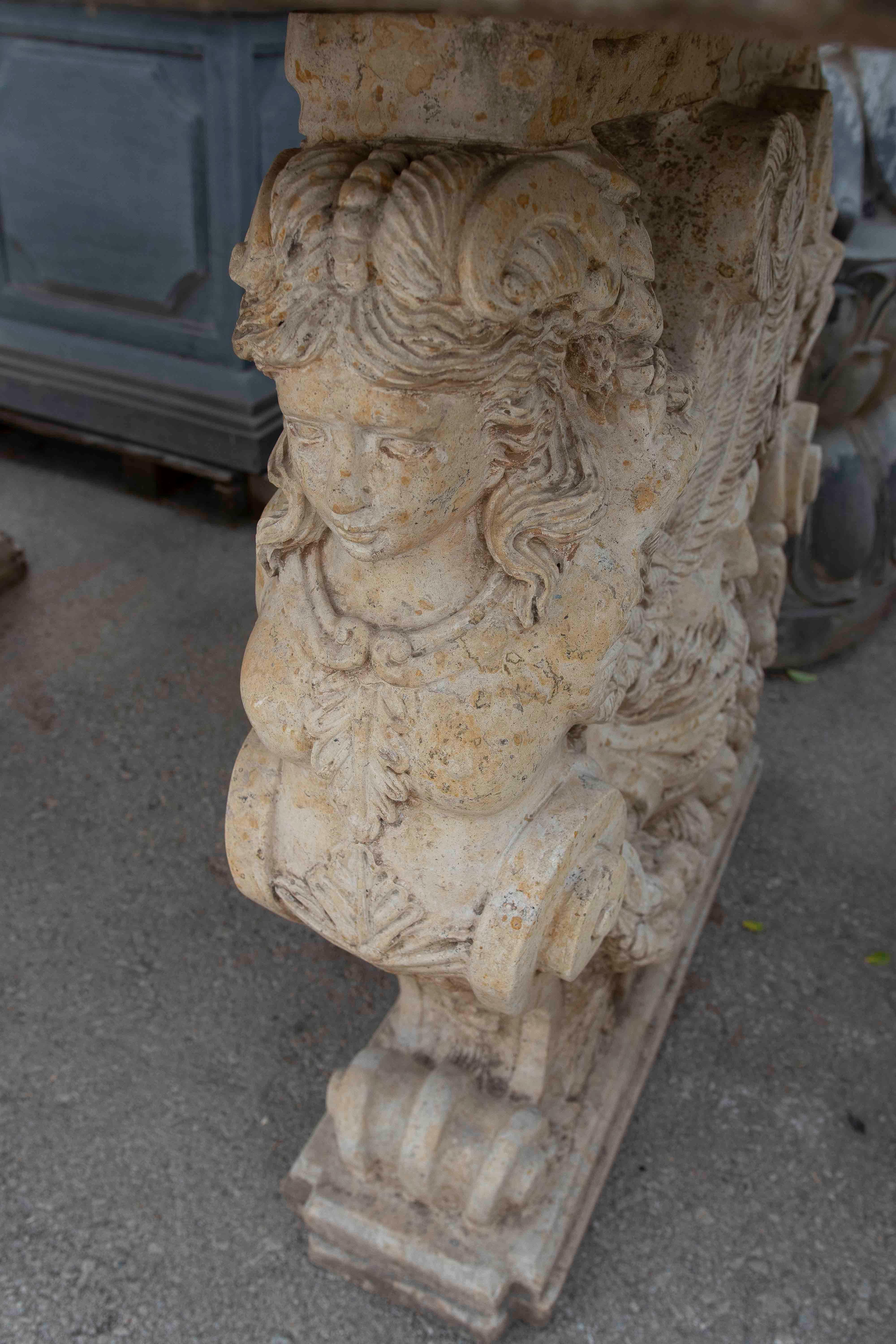 1970s Garden Table with Antique Stone Top and Carved Feet For Sale 8