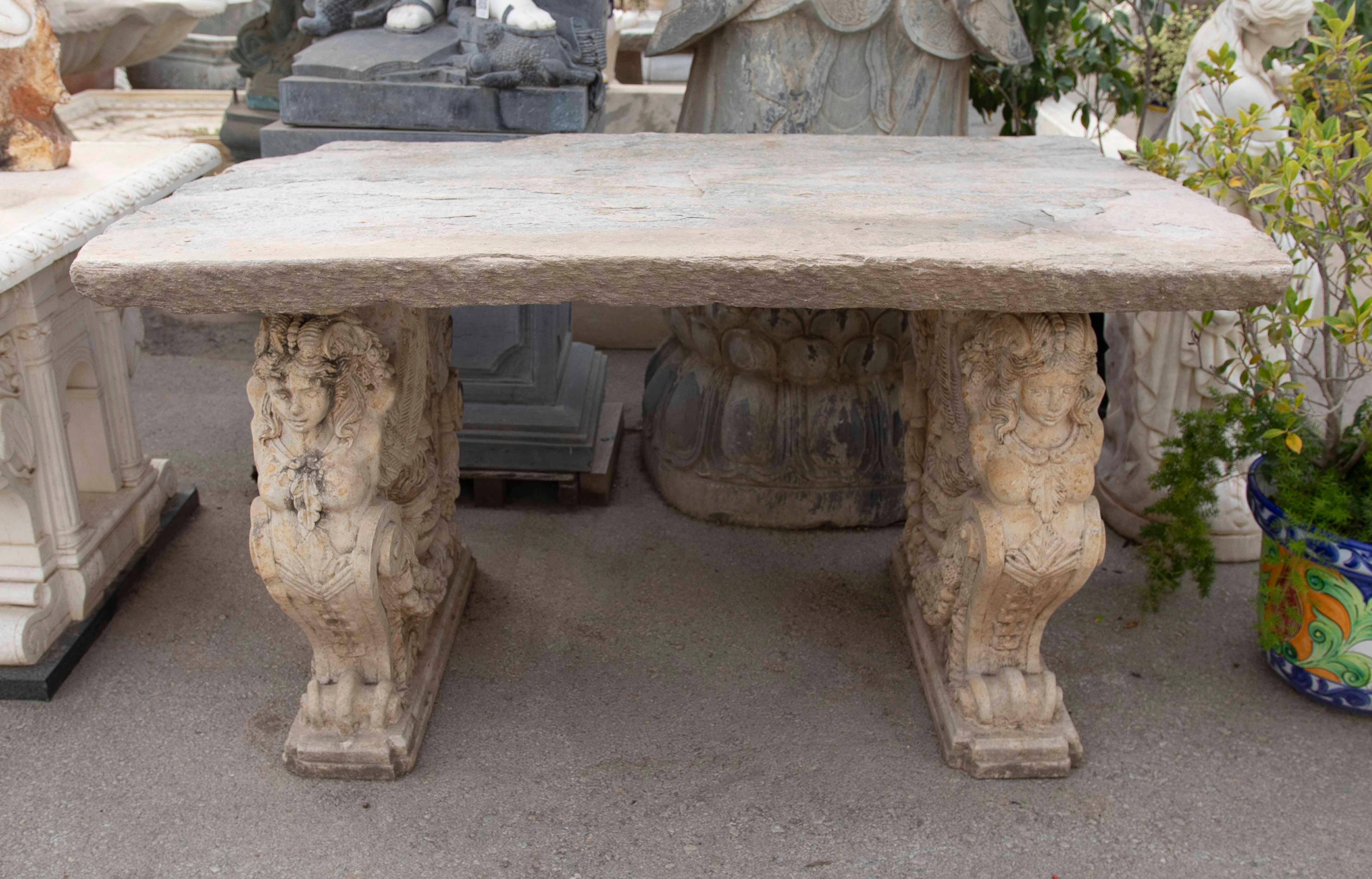 1970s Garden Table with Antique Stone Top and Carved Feet In Good Condition For Sale In Marbella, ES
