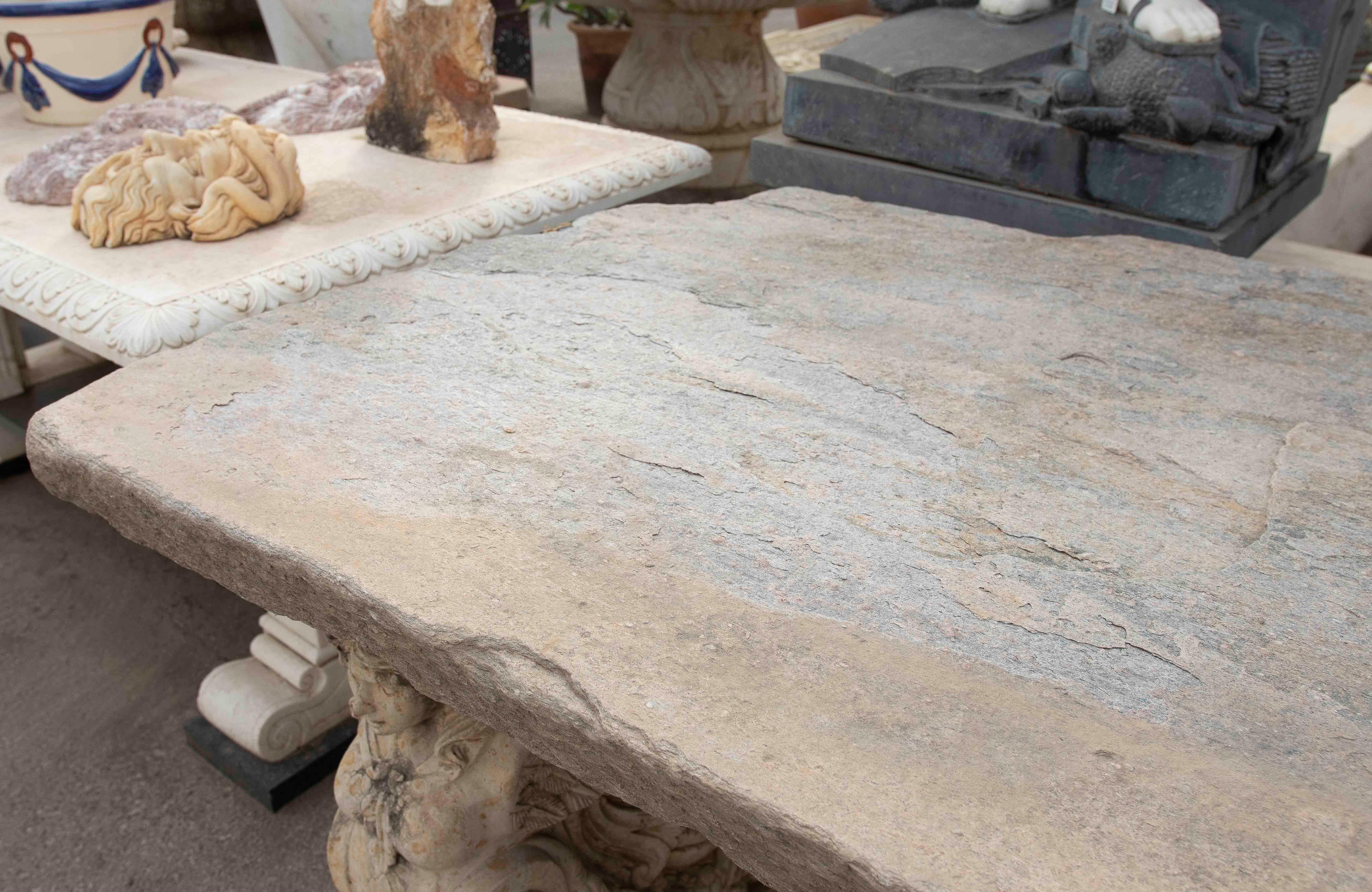 1970s Garden Table with Antique Stone Top and Carved Feet For Sale 2