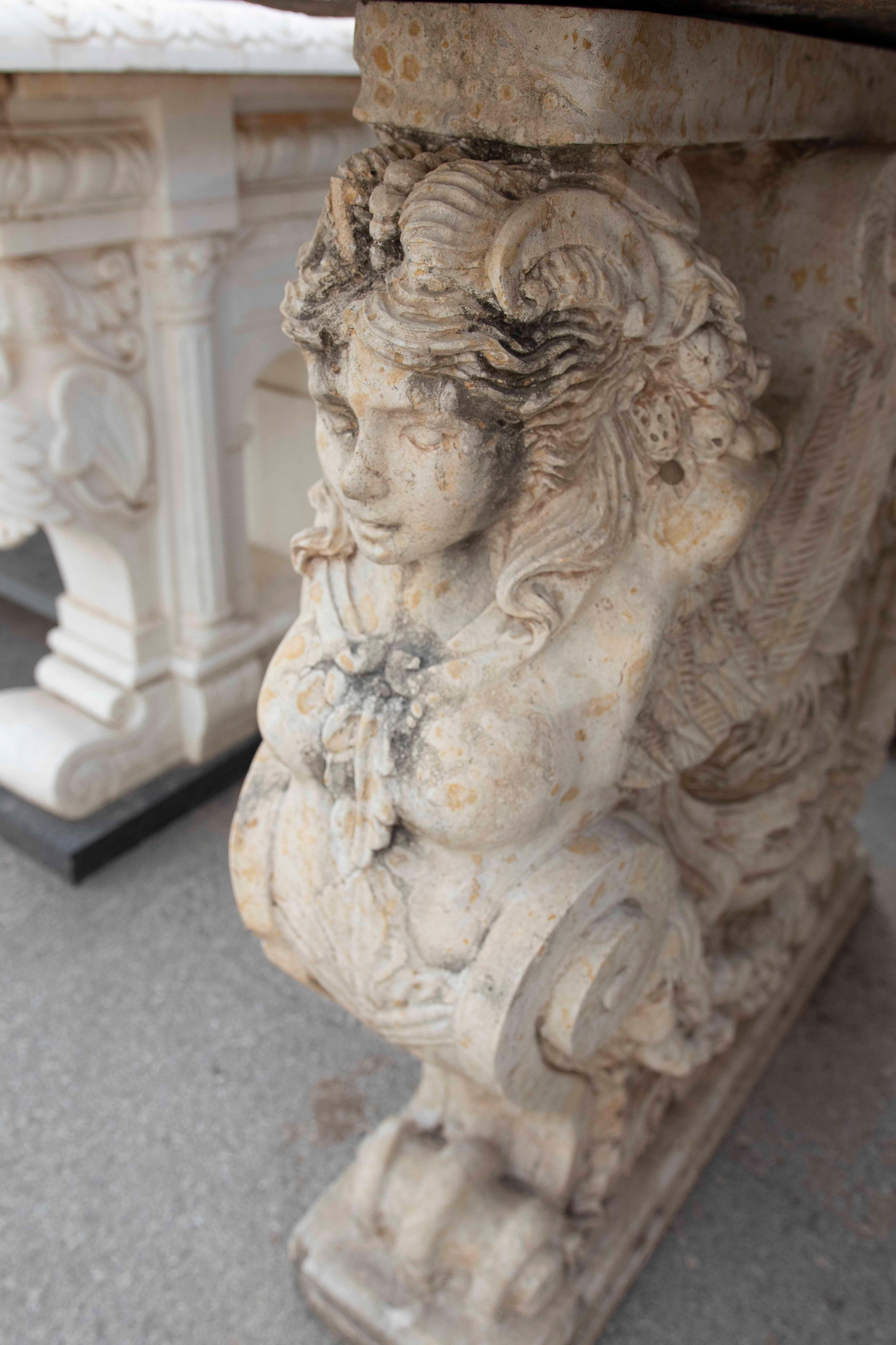 1970s Garden Table with Antique Stone Top and Carved Feet For Sale 5