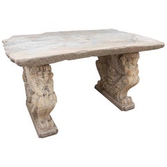 1970s Garden Table with Antique Stone Top and Carved Feet