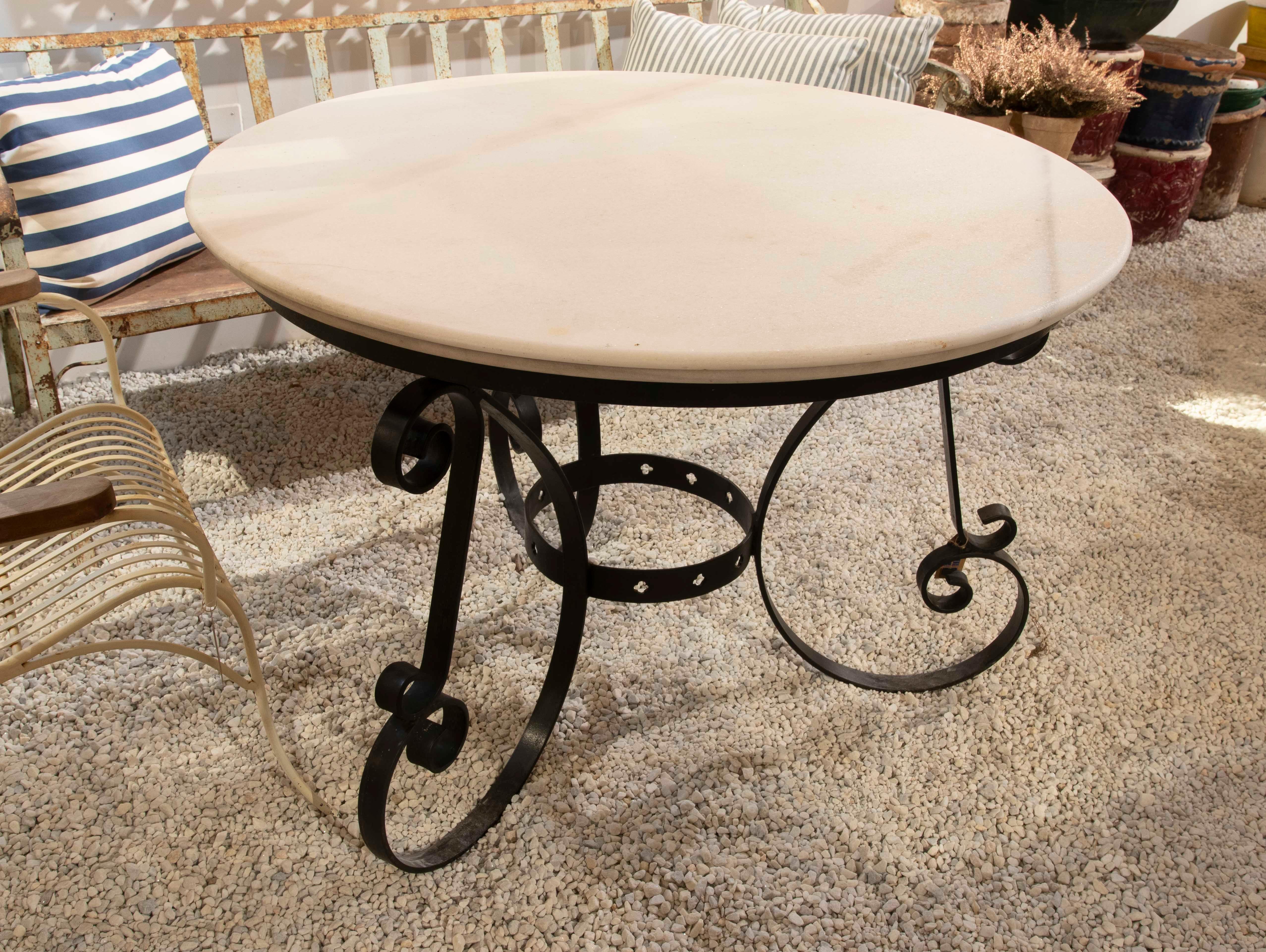 Spanish 1970s Garden Table with Iron Base and Marble Tabletop  For Sale