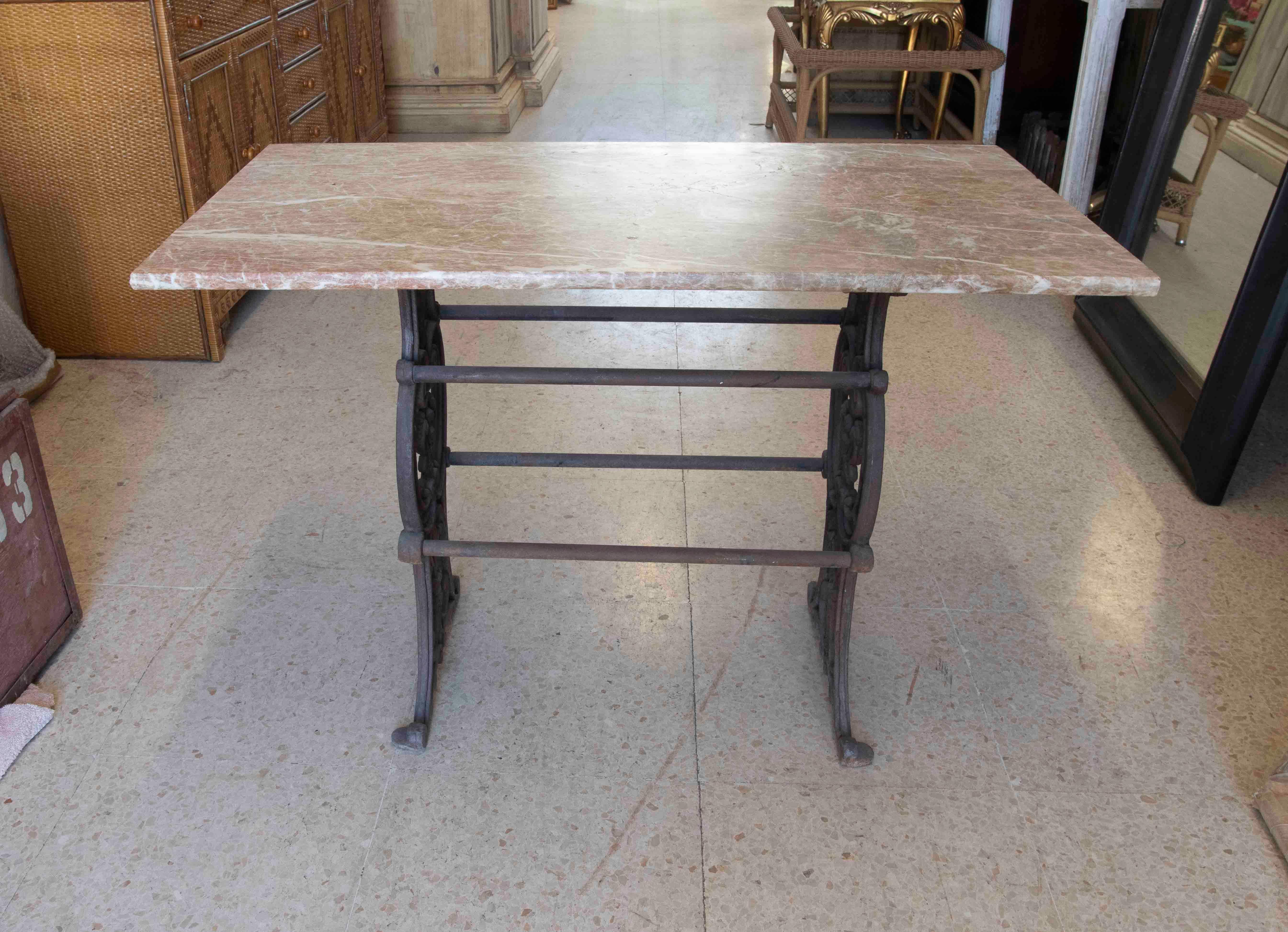 Spanish 1970s Garden Table with Marble Top and Iron Base  For Sale