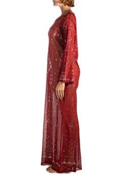 1970S Garnet Red Cotton Egyptian Assuit Metal Embroidered Dress
