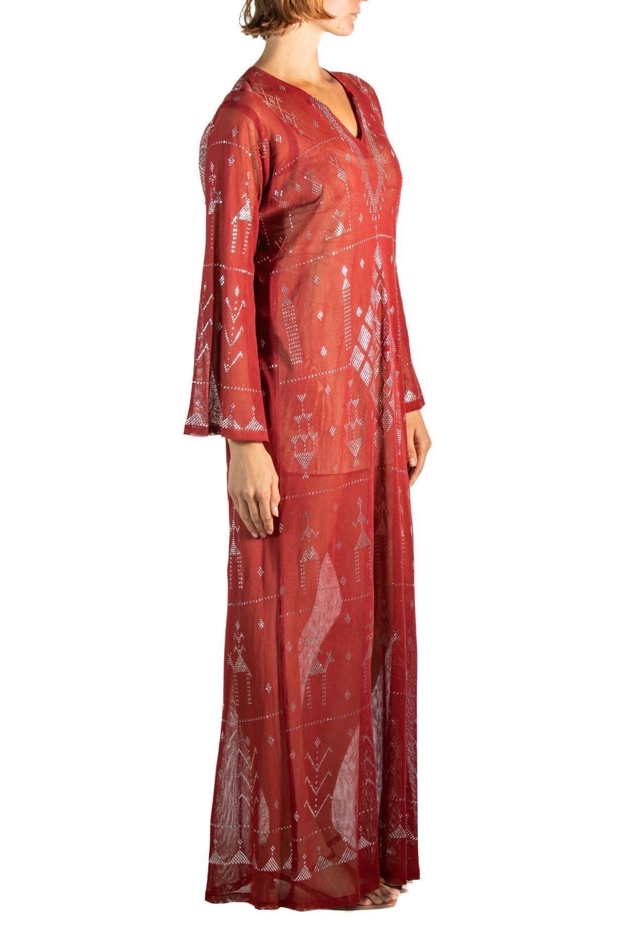 Brown 1970S Garnet Red Cotton Egyptian Assuit Metal Embroidered Dress For Sale