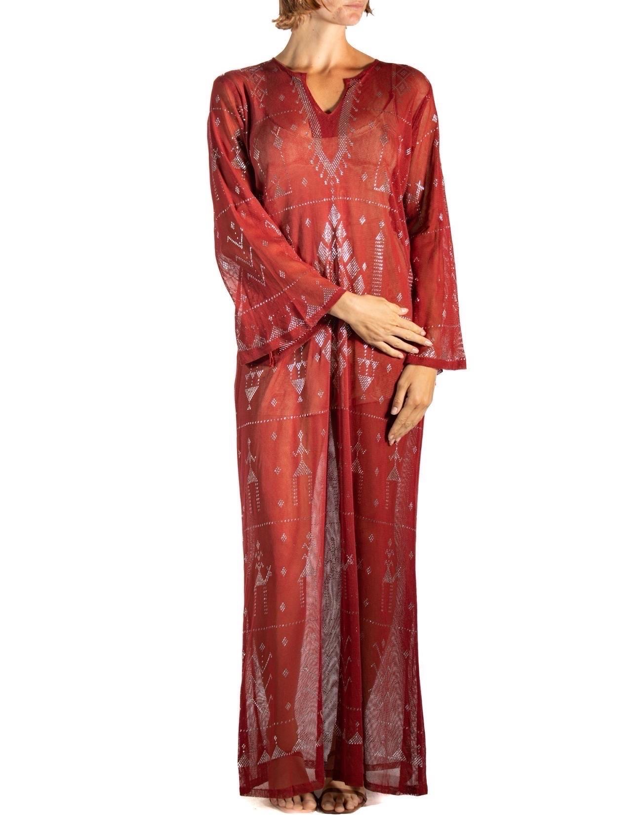 1970S Garnet Red Cotton Egyptian Assuit Metal Embroidered Dress In Excellent Condition For Sale In New York, NY