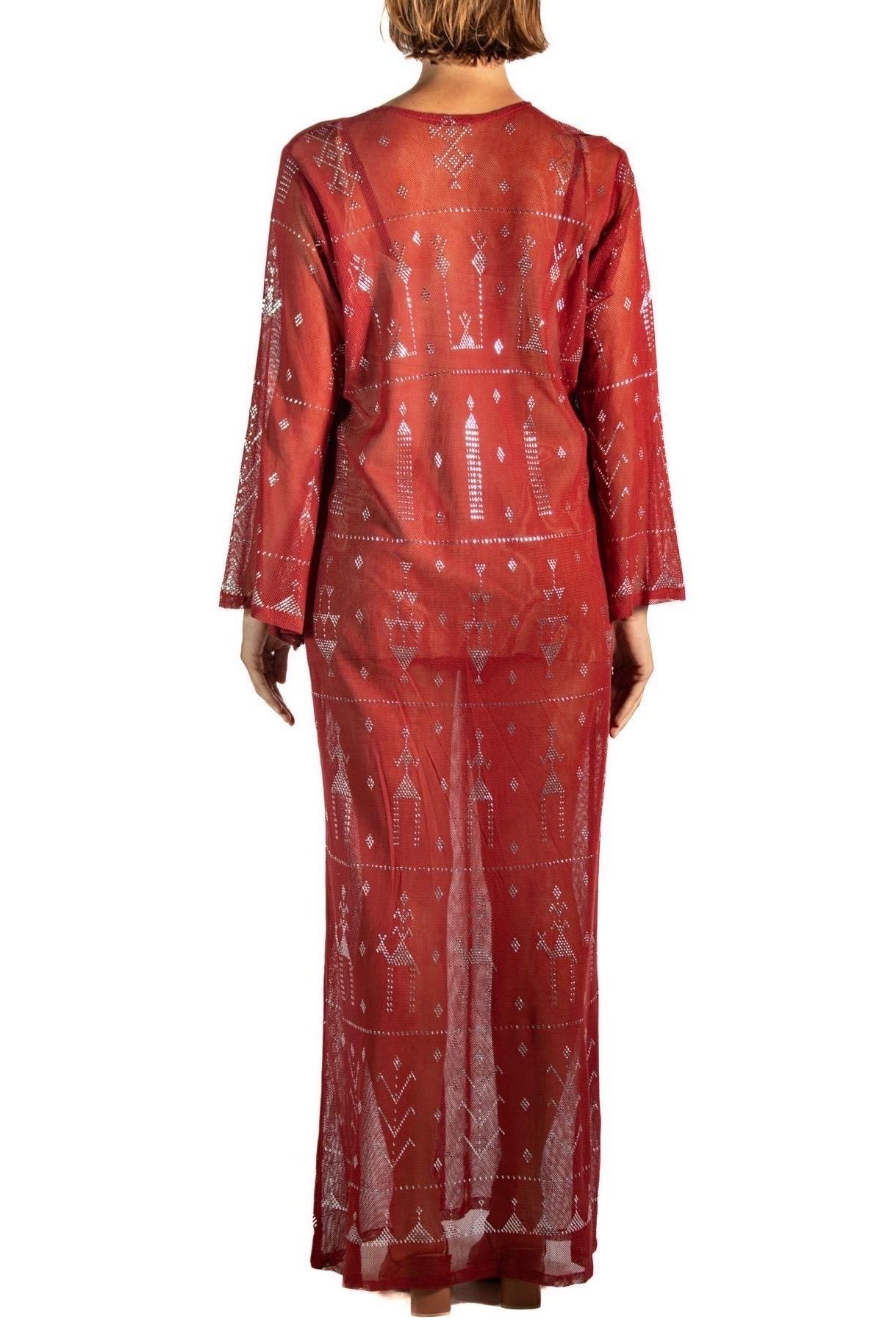 Women's 1970S Garnet Red Cotton Egyptian Assuit Metal Embroidered Dress For Sale