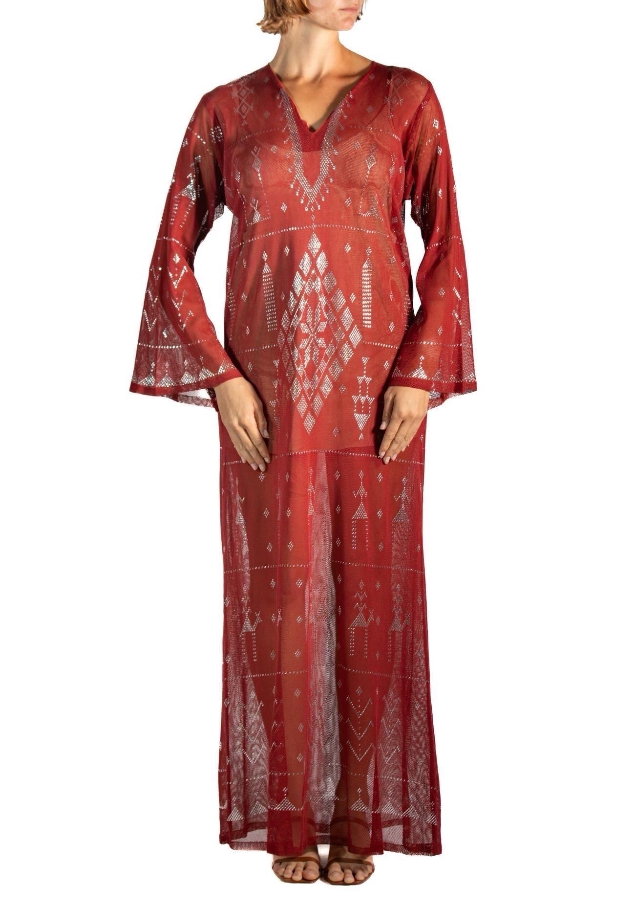 1970S Garnet Red Cotton Egyptian Assuit Metal Embroidered Dress For Sale 1