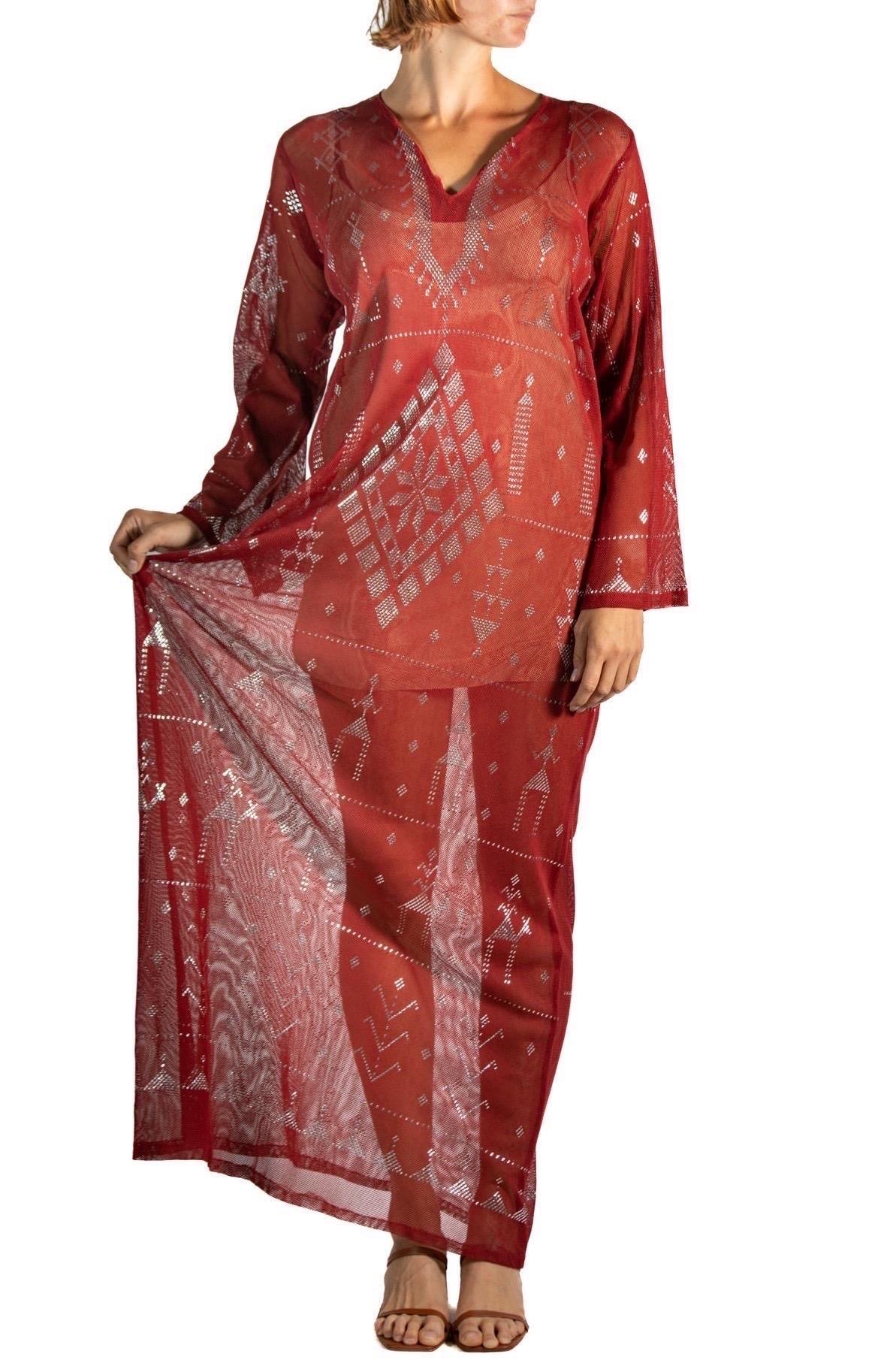 1970S Garnet Red Cotton Egyptian Assuit Metal Embroidered Dress For Sale 2