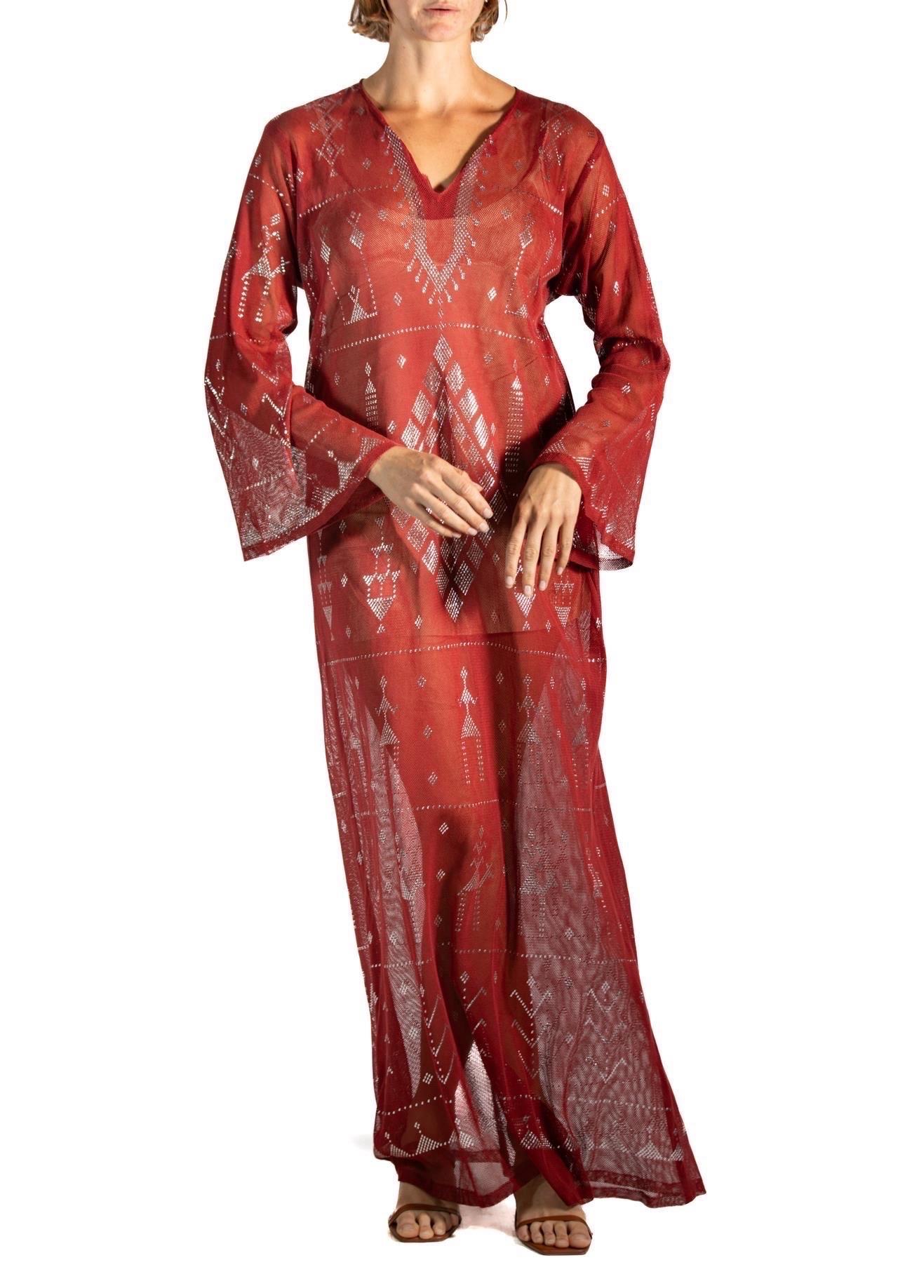 1970S Garnet Red Cotton Egyptian Assuit Metal Embroidered Dress For Sale 3