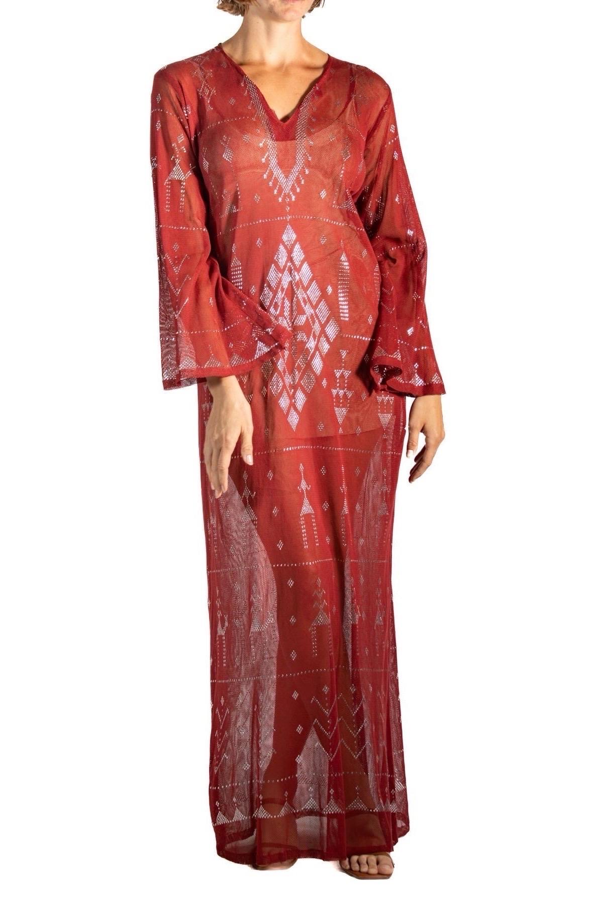 1970S Garnet Red Cotton Egyptian Assuit Metal Embroidered Dress For Sale 4
