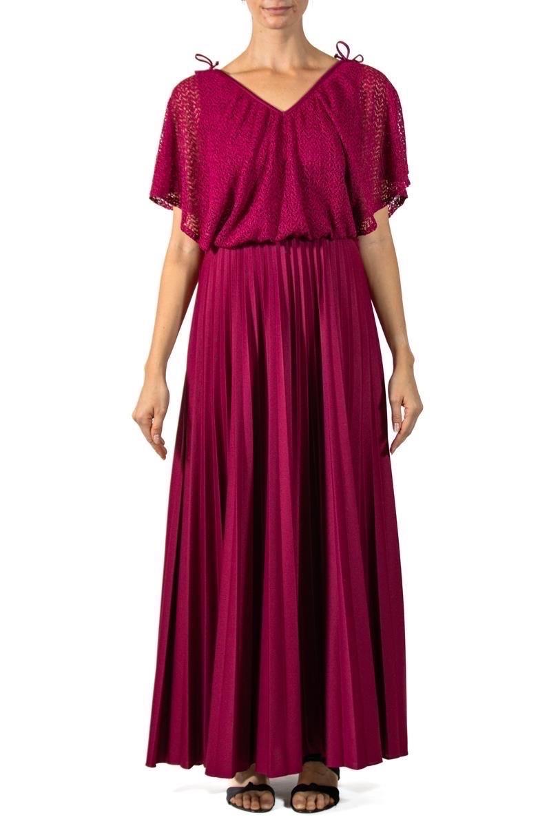 1970S Garnet Red Polyester Jersey Disco Gown With Lace Over Blouse In Excellent Condition For Sale In New York, NY