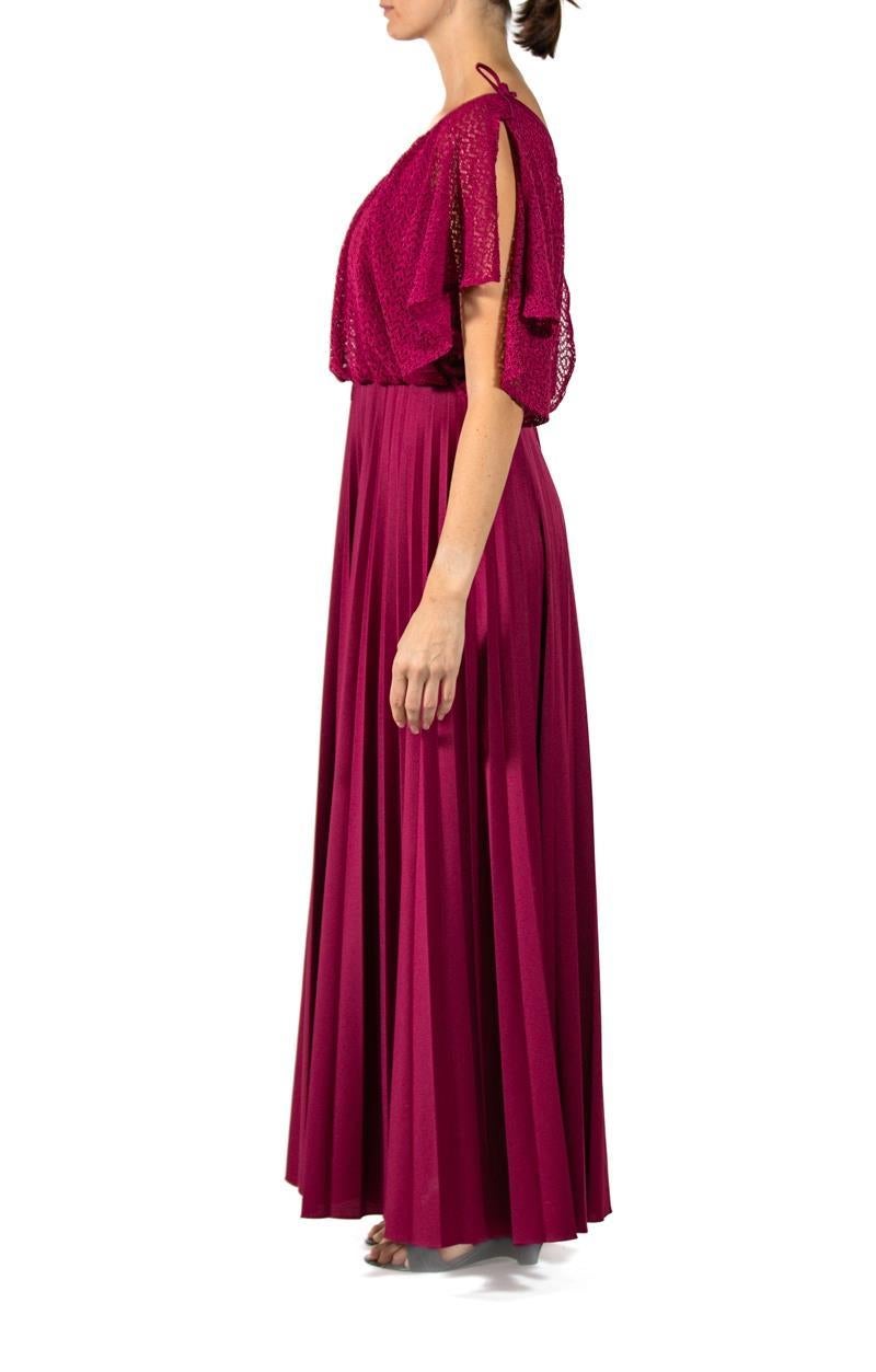 Women's 1970S Garnet Red Polyester Jersey Disco Gown With Lace Over Blouse For Sale