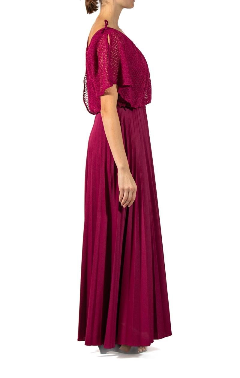 1970S Garnet Red Polyester Jersey Disco Gown With Lace Over Blouse For Sale 2