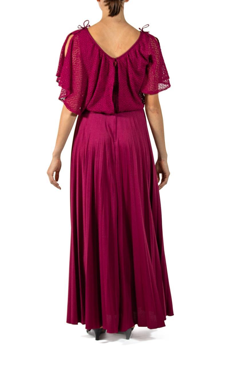 1970S Garnet Red Polyester Jersey Disco Gown With Lace Over Blouse For Sale 3