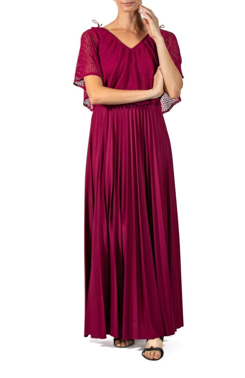 1970S Garnet Red Polyester Jersey Disco Gown With Lace Over Blouse For Sale 4