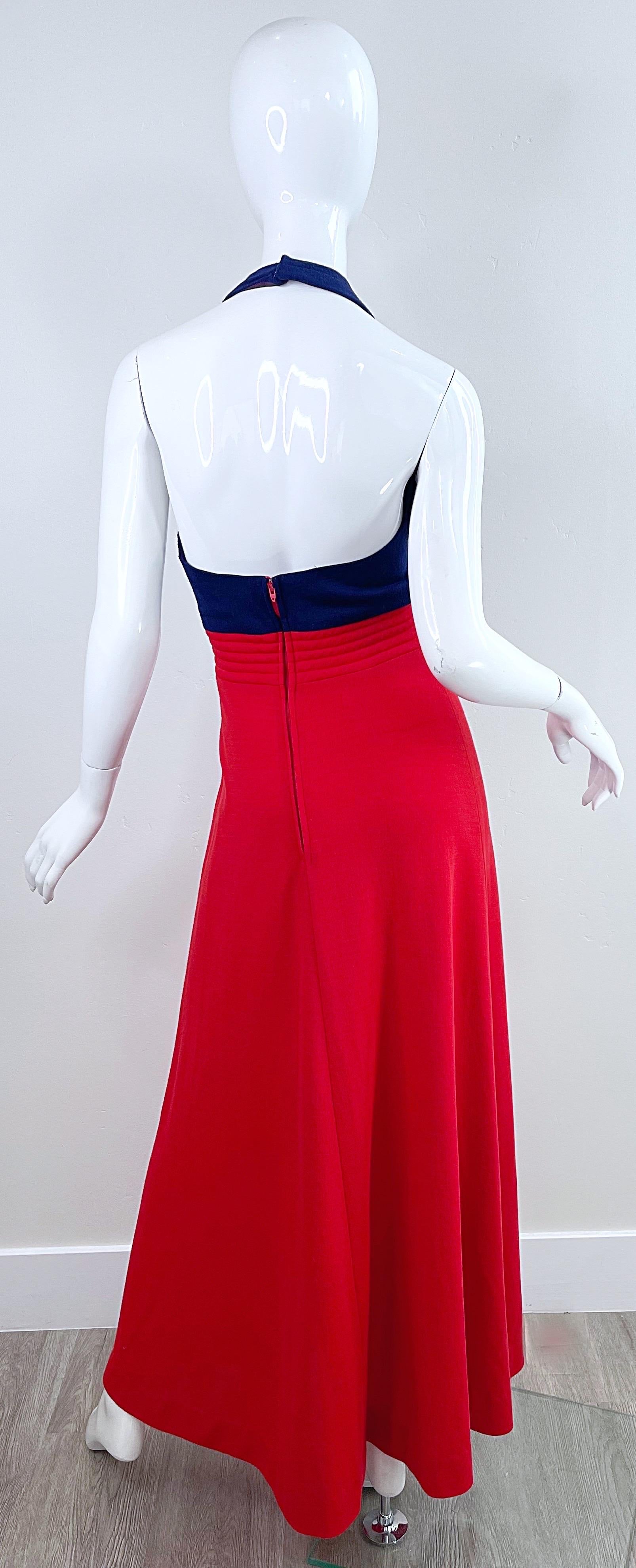 1970s Gay Gibson Navy Blue + Red Lightweight Wool Nautical Halter Maxi Dress 70s For Sale 6