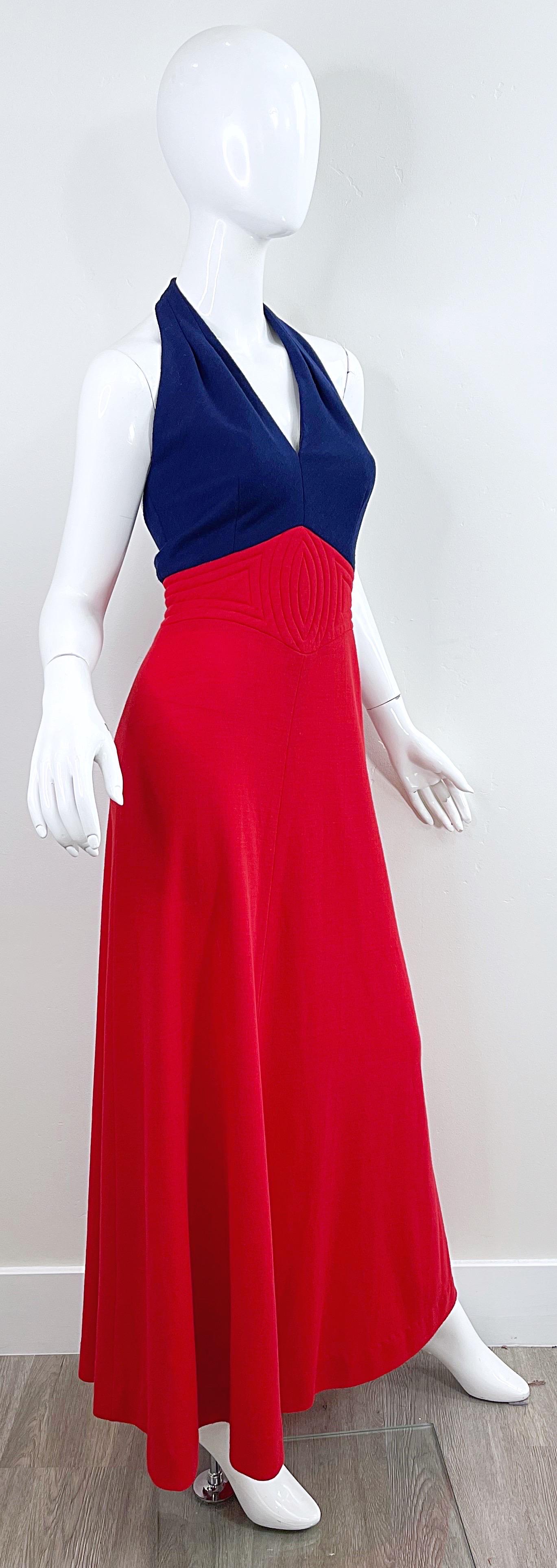 1970s Gay Gibson Navy Blue + Red Lightweight Wool Nautical Halter Maxi Dress 70s For Sale 7