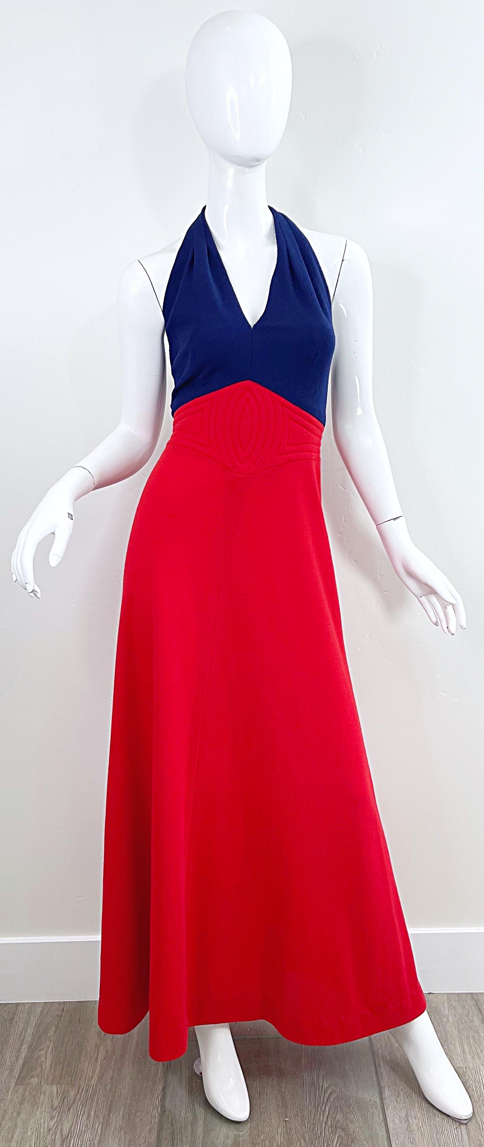 1970s Gay Gibson Navy Blue + Red Lightweight Wool Nautical Halter Maxi Dress 70s For Sale 10