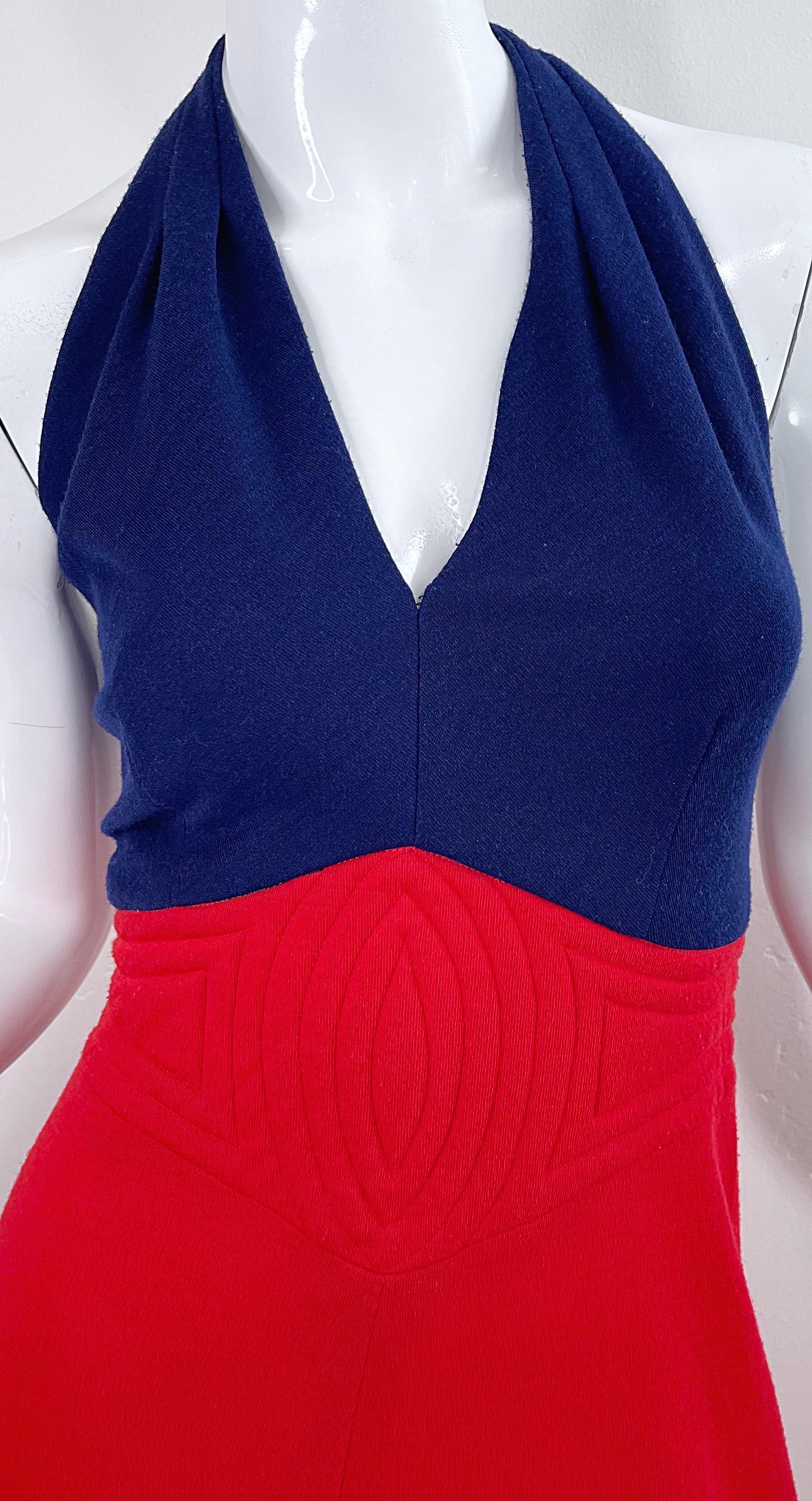 1970s Gay Gibson & Gibson Navy Blue + Red Lightweight Wool Nautical Halter Maxi Dress 70s In condizioni ottime in vendita a San Diego, CA