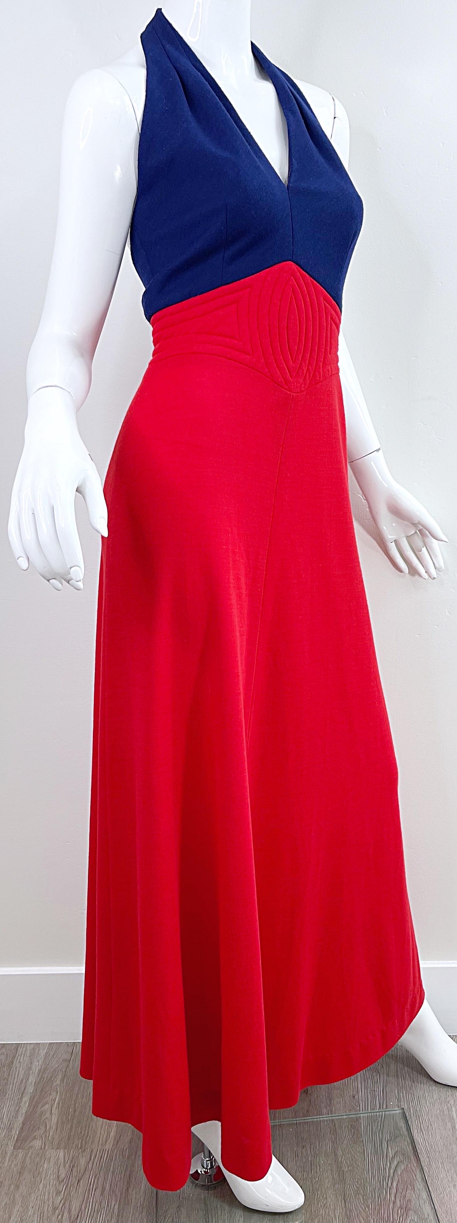 1970s Gay Gibson Navy Blue + Red Lightweight Wool Nautical Halter Maxi Dress 70s For Sale 3